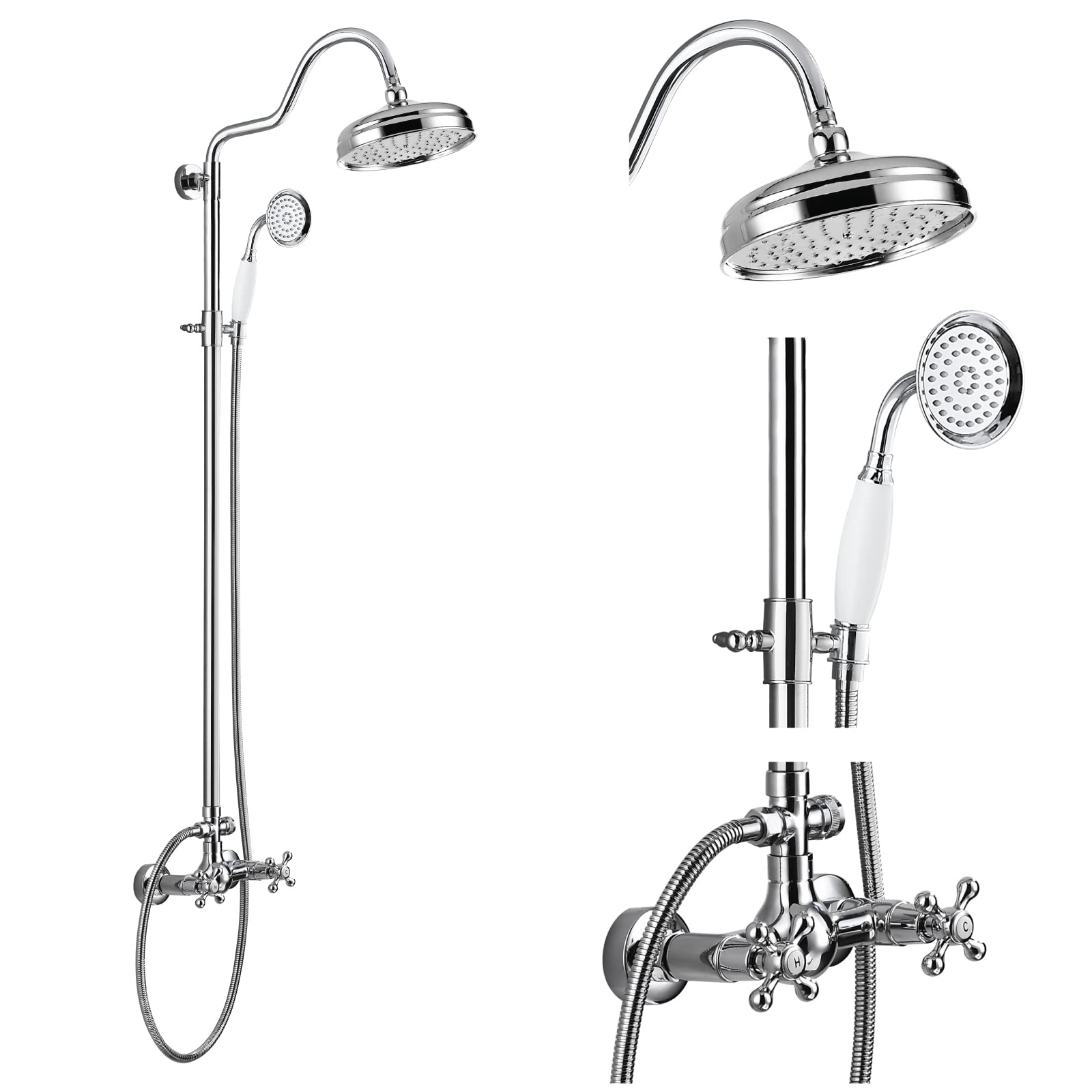 Luxury 8 Inch Wall Mount Rainfall Shower System - Exposed Shower Faucet Set with Adjustable Arc Rod, Handheld Spray & Cross Double Handle in Polished Chrome | Perfect for Modern Bathrooms, Spa-Like Experience, Master Suite Renovation