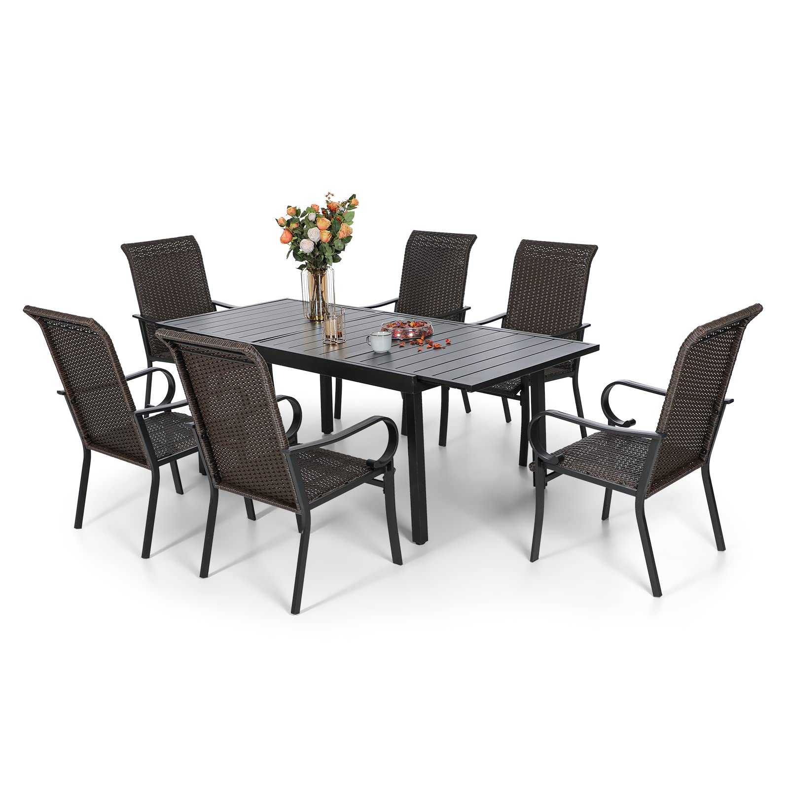 Sophia & William 7-Piece Expandable Patio Dining Set - Outdoor Wicker Chairs & Rectangular Metal Table for Backyard, Garden, Deck - Perfect for BBQs, Family Gatherings & Al Fresco Dining