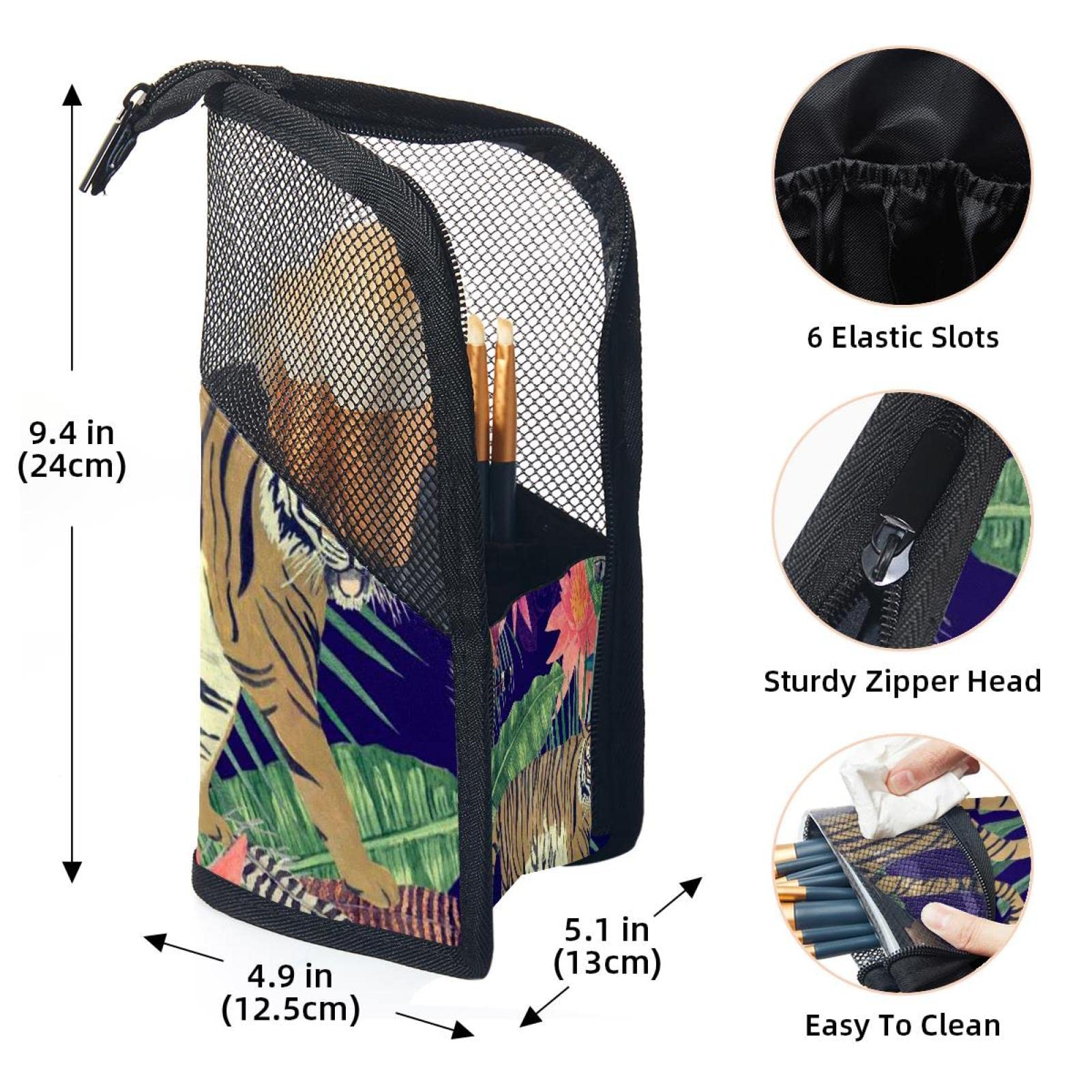 12-Piece Makeup Brush Organizer Bag with Tropical Flower Leaves Feathers Tiger Design - Portable Waterproof Cosmetic Brush Holder Case for Travel, Home & Professional Makeup Storage