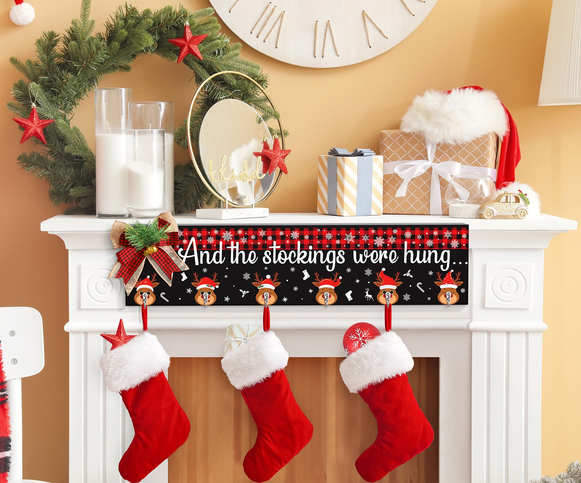 Wooden Christmas Stocking Holder for Mantel - 24.4 Inch Collapsible Fireplace Stocking Hanger with 6 Hooks - Perfect for Holiday Decor, Wall Hanging, and Festive Mantel Display - Xmas Stocking Organizer for Fireplace Decorations