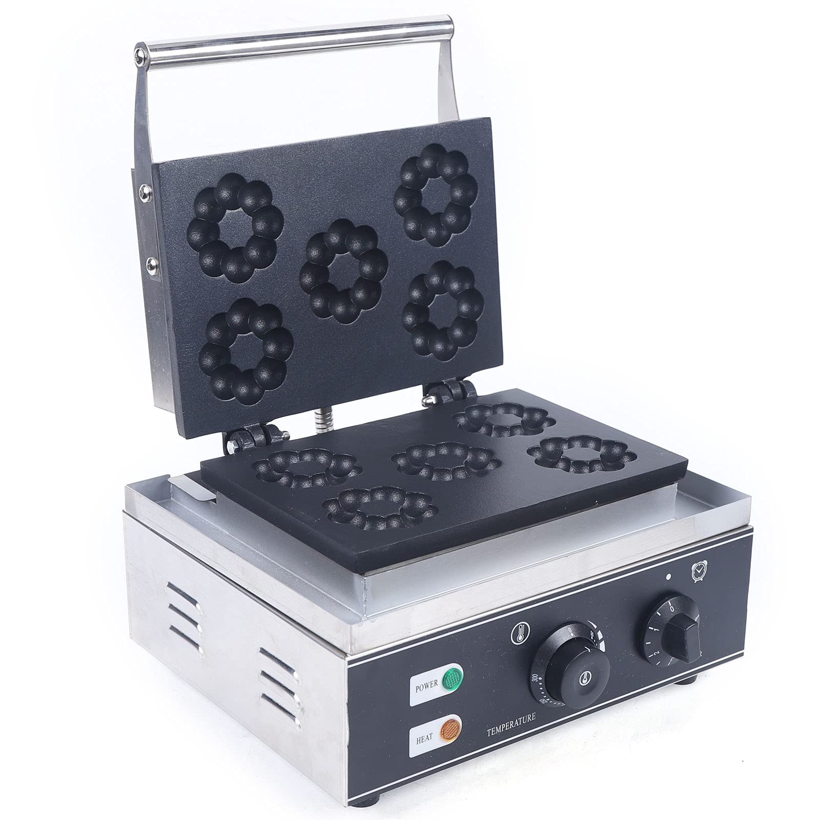 Commercial 5-Hole Donut Maker Machine - 110V Electric Waffle Baker with Nonstick Coating & Double-Sided Heating - Perfect for Restaurants, Cafes, and Home Breakfast (Plum Flower Design)