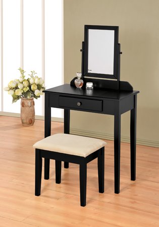 Square Black Vanity Makeup Mirror Set with Stool - Elegant Dressing Table Organizer for Bedroom & Bathroom Beauty Station