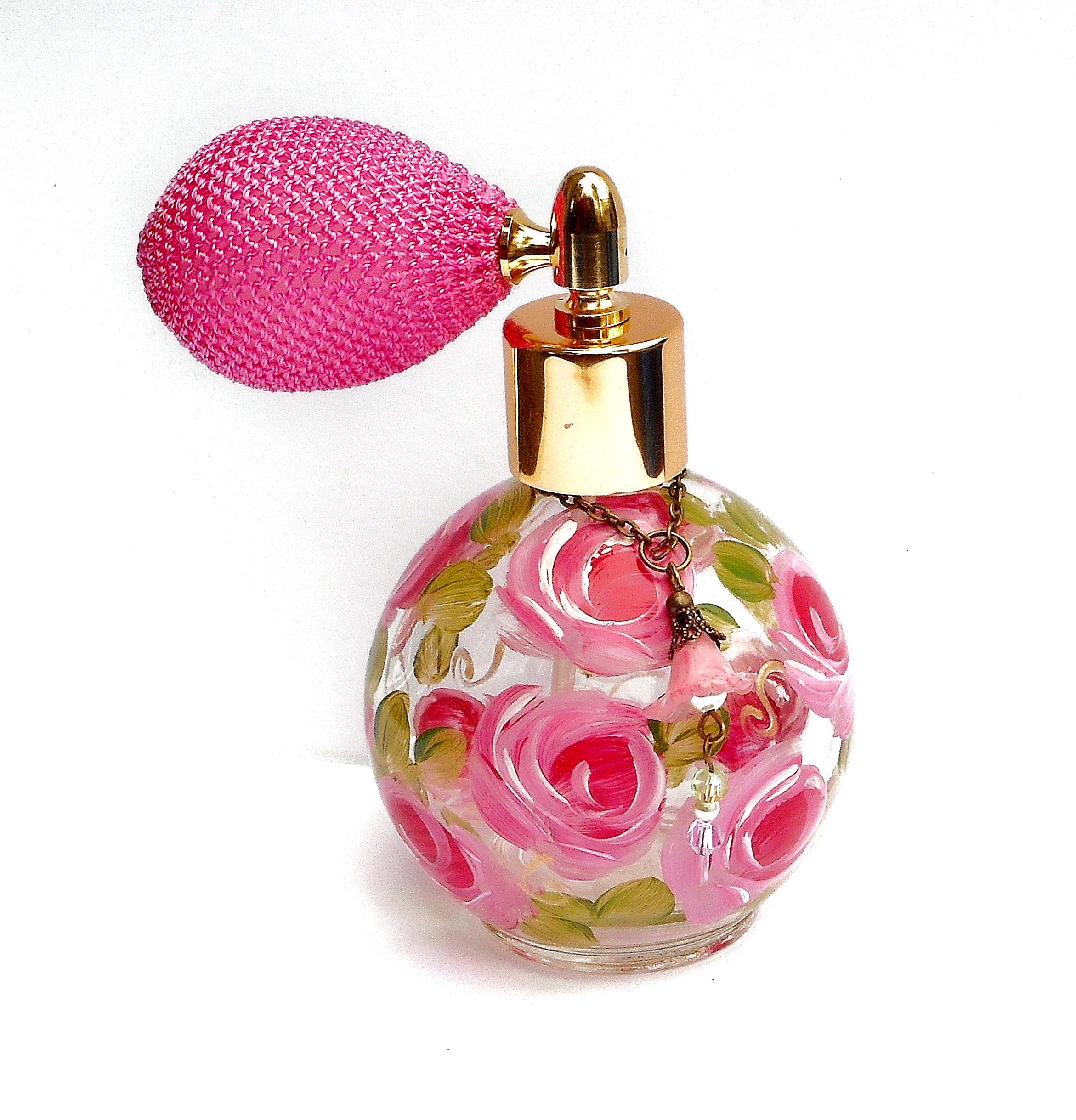 Elegant Refillable Glass Perfume Bottle with Hand-Painted Pink Roses & Crystal Pearls - Perfect for Travel, Gift Giving & Vanity Decor