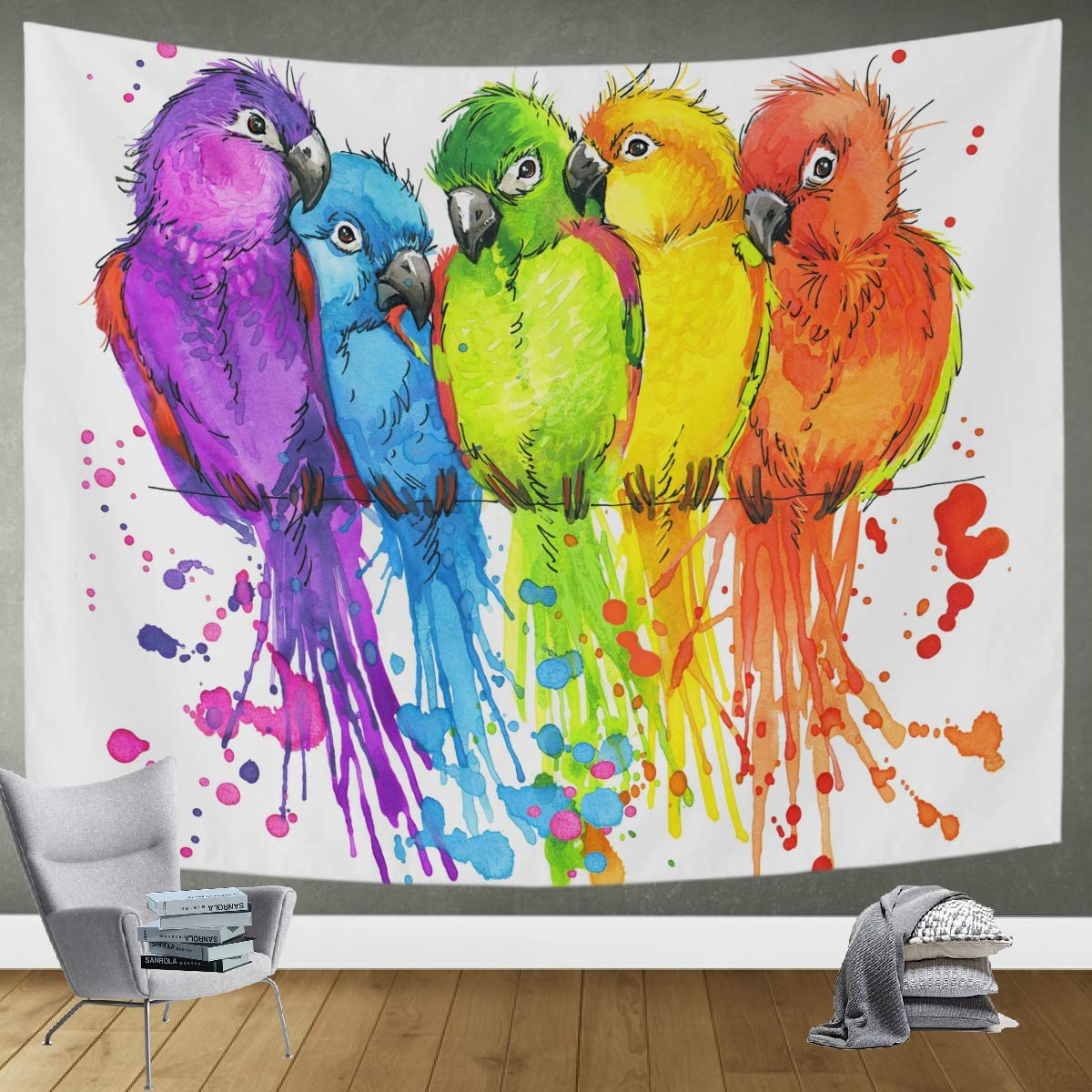 DOMIKING Funny Parrots Tapestry Wall Hanging - 80x60 Inch Trippy Boho Bedroom Decor for Dorm, Home & Living Room | Hippie Aesthetic Wall Art for Teens, College Students & Festival Goers