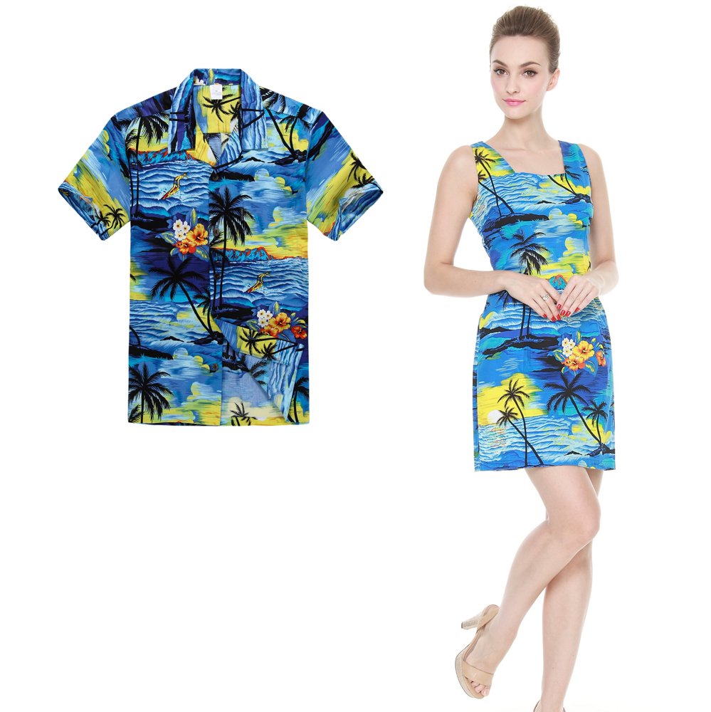Stylish Couple Matching Hawaiian Luau Outfit - Sunset Blue Aloha Shirt & Tank Dress Set for Beach Party, Vacation & Summer Date Night