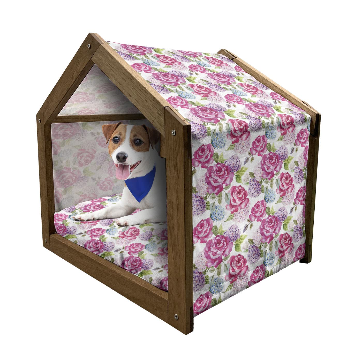 Ambesonne Shabby Floral Wooden Pet House - Watercolor Abstract Lavender Leaves & Buds Art Print - Indoor/Outdoor Portable Dog Kennel with Pillow & Cover - Large Size in Pale Green & Hot Pink - Perfect for Home, Garden, Patio, and Travel Use