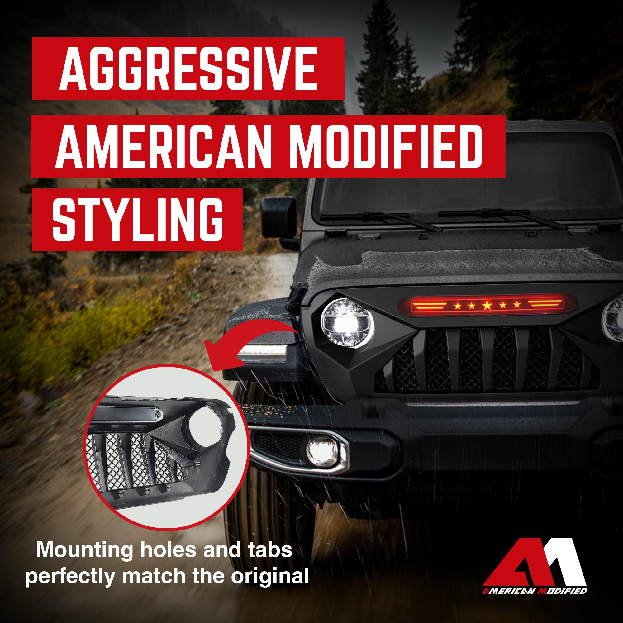 American Modified Demon Front Grille with Red LED Star Lights for Jeep Wrangler JL & Gladiator JT (2018-2021) - Matte Black | No TrailCam Required | Off-Road Upgrade for Enhanced Style & Night Visibility