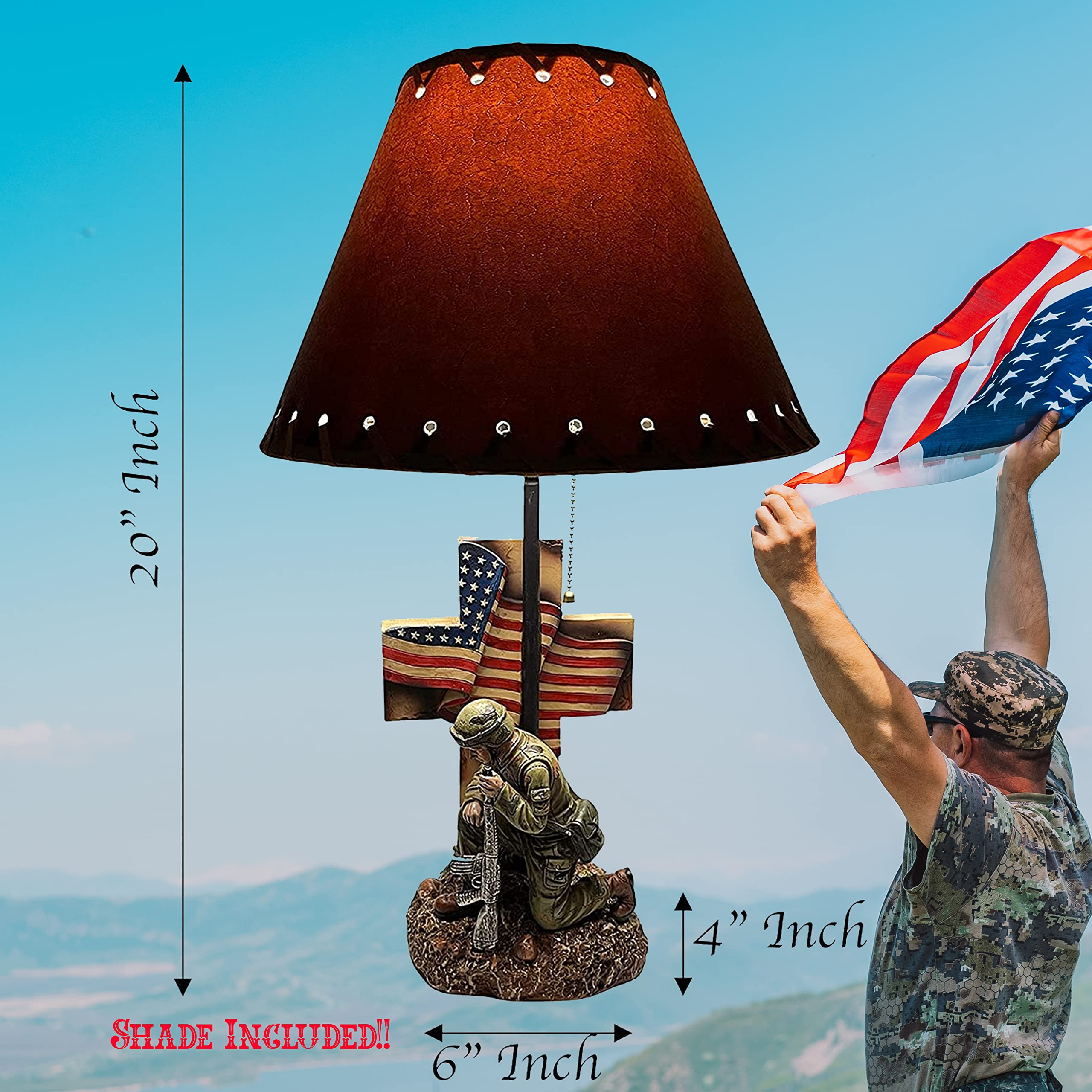 Urbalabs Western Army Hero USA Cross Flag End Table Standing Lamp - Nightstand, Living Room, Bedroom & Office Decor - Patriotic American Theme for Home & Workspace