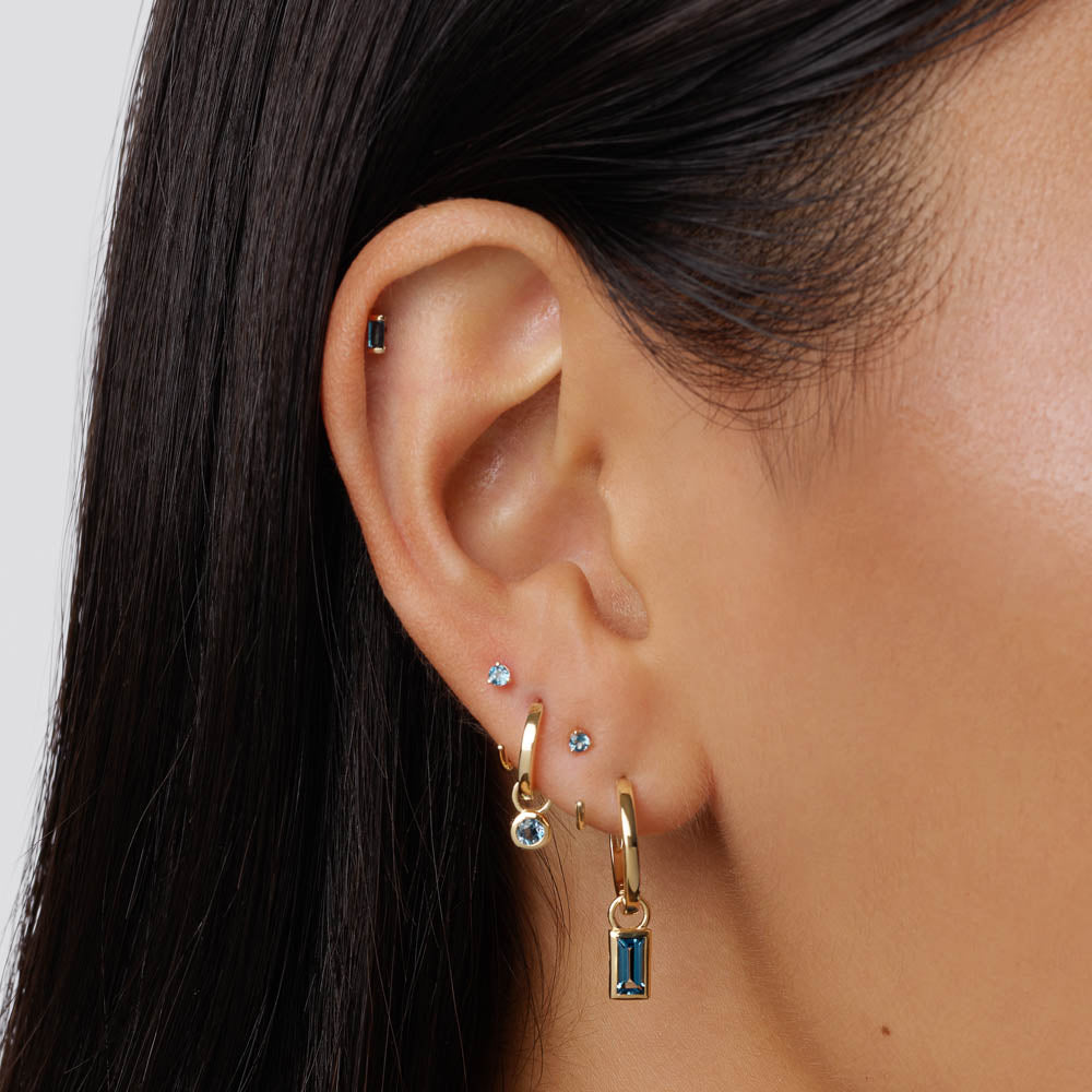 10k Gold Blue Topaz Baguette Helix Single Stud Earrings - Elegant Pierced Jewelry for Women, Perfect for Parties, Weddings & Everyday Wear