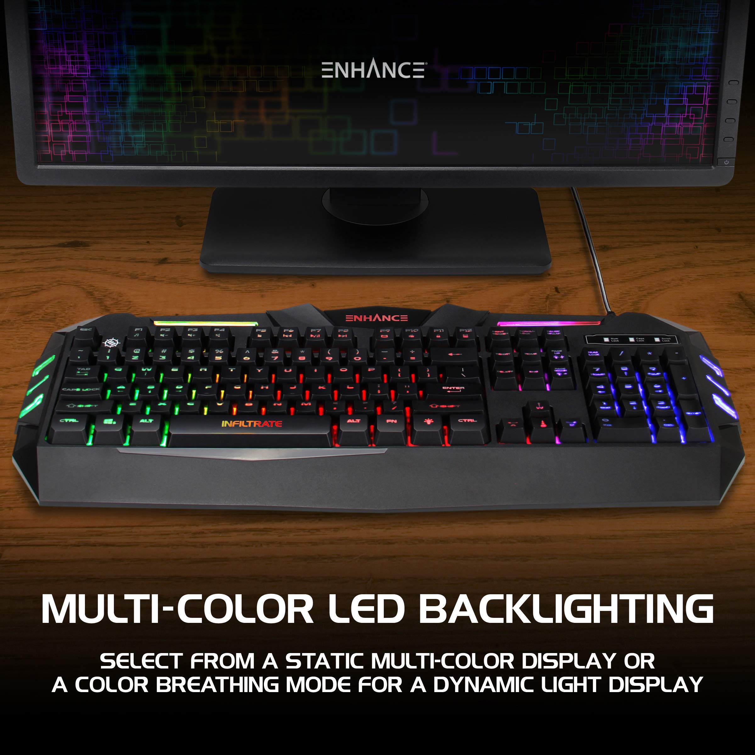ENHANCE Infiltrate KL1 RGB LED Gaming Keyboard - 19 Key Rollover, Anti-Ghosting, Spill-Resistant Design with USB Braided Cable - Perfect for PC, Mac, PS4, Xbox Gaming & Office Work