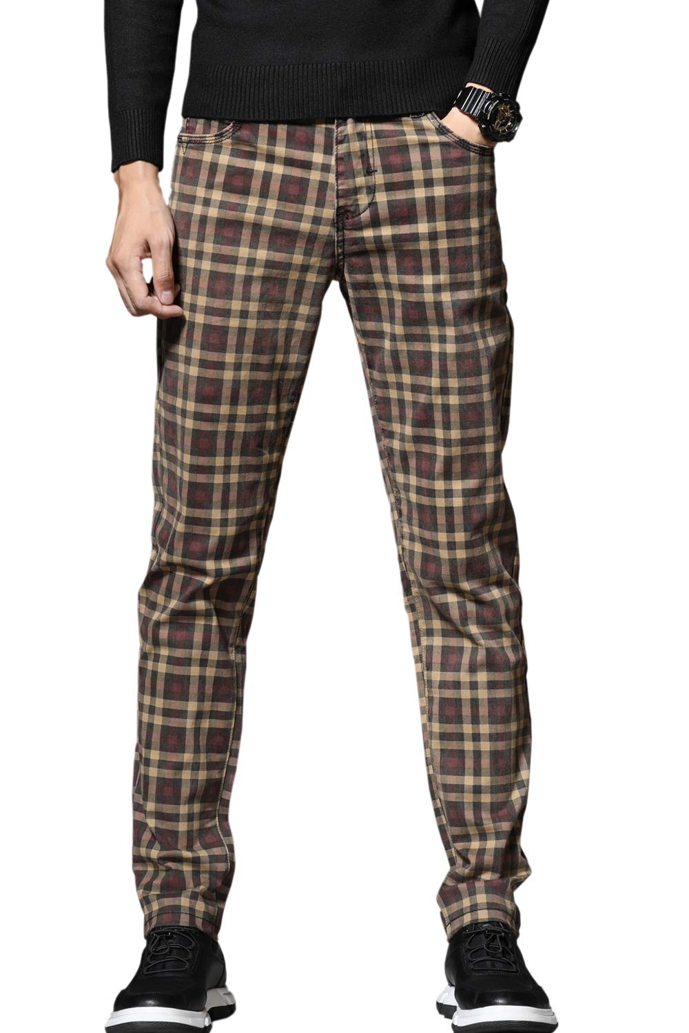 HENGAO Men's Straight Fit Plaid Chino Pants - Comfortable Casual Dress Pants for Office, Business & Everyday Wear