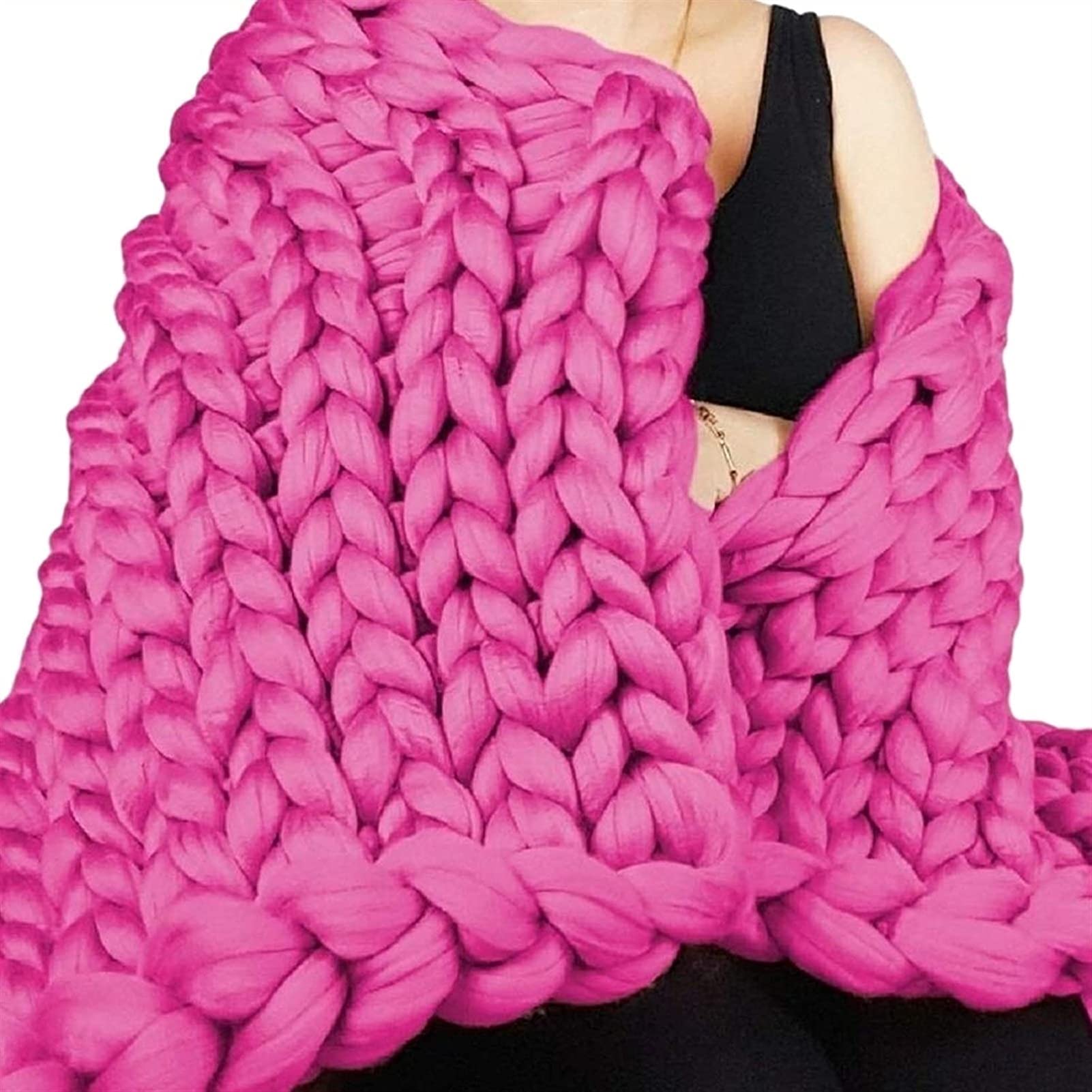 Chunky Knit Blanket Throw - Super Soft Arm Knitted Blanket for Couch, Bed & Fireplace - 80x80 Inches (200x200cm) Pink Cozy Winter Blanket - Perfect for Living Room, Nursery & Gift Giving