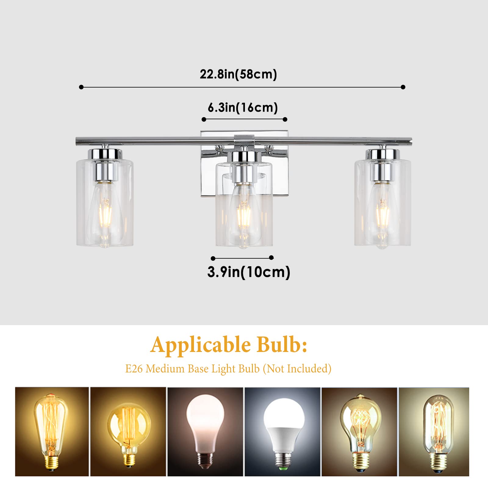Modern Chrome Bathroom Vanity Light - 3-Light Sconce with Clear Glass for Mirror, Bedroom & Hallway