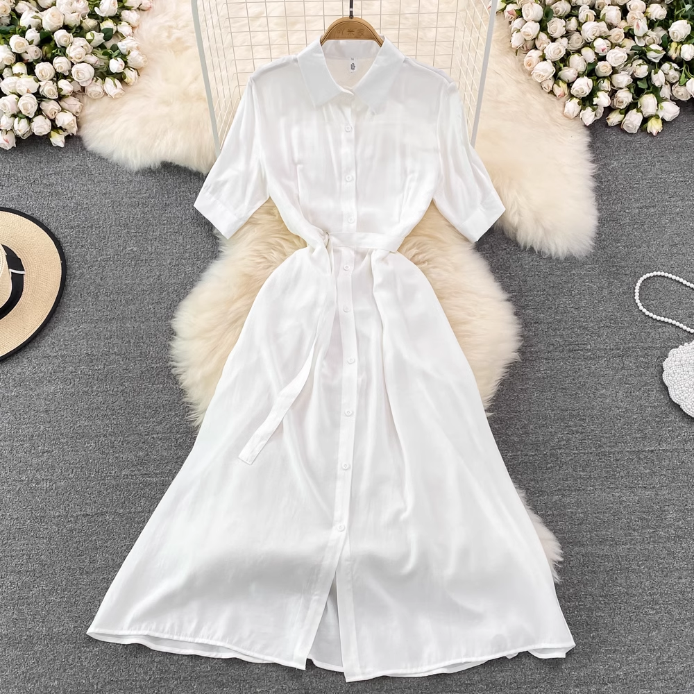 Stylish A-Line Denim Skirt for Women - Mid-Length Button Down Shirt Dress with Pockets | Casual Office Wear, Weekend Outfits & Spring Summer Fashion