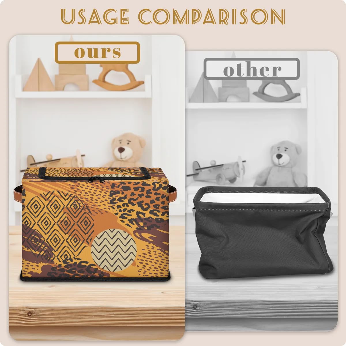 2 Pack Animal Print Fabric Storage Bins with Zipper Lid - African Art Style Stackable Cube Baskets, Steel Frame Clothes Organizer for Shelf & Closet Storage | Perfect for Bedroom, Nursery, and Office Organization