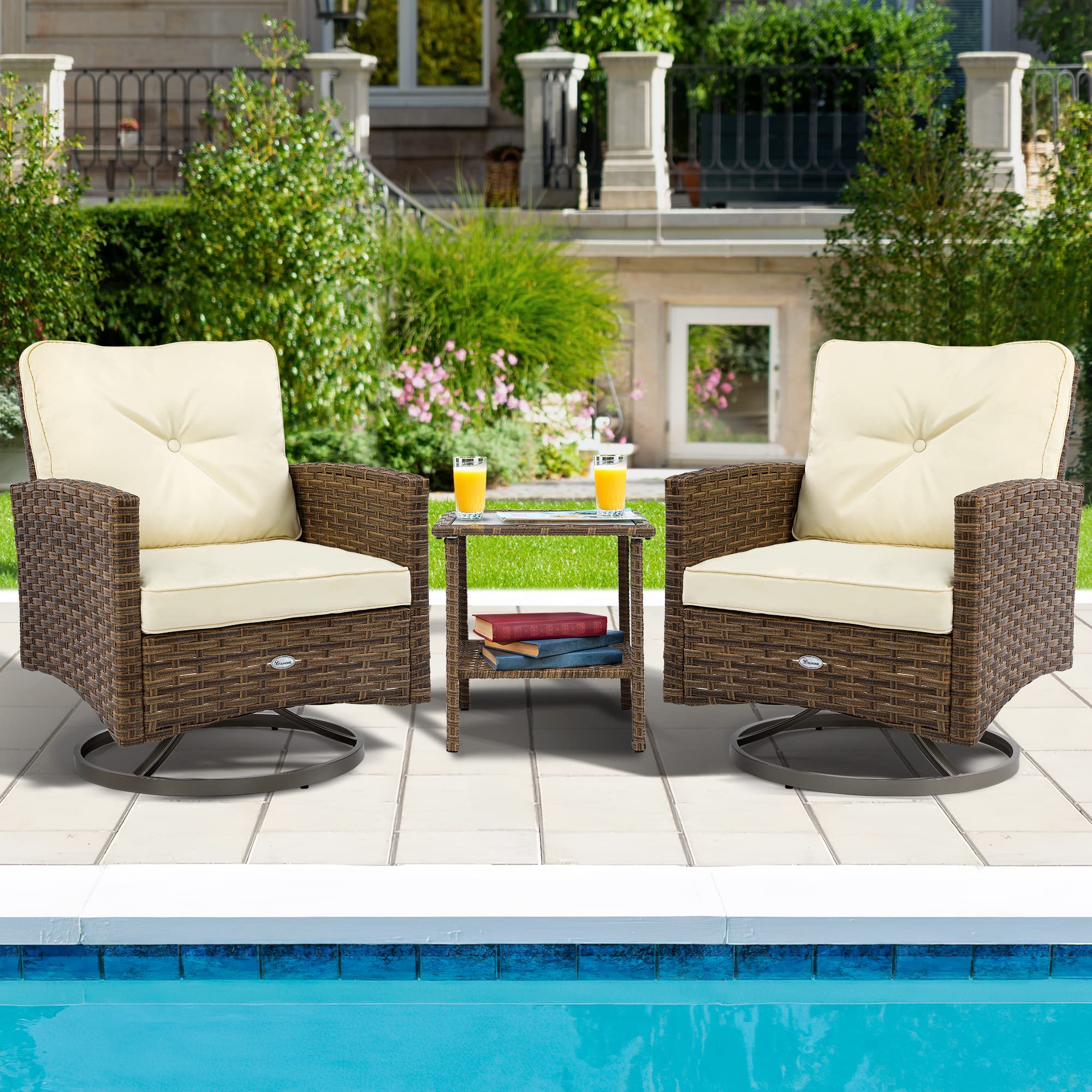 YITAHOME 3-Piece Outdoor Patio Furniture Set - Wicker Rocking Chairs with Cushions & Side Table - Tan Rattan Conversation Bistro Set for Garden, Backyard, Balcony - Perfect for Relaxing, Entertaining & Enjoying Coffee Outdoors