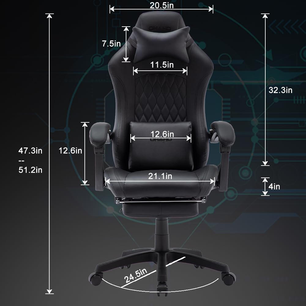 OHAHO Ergonomic Gaming Chair with Adjustable Lumbar Support & Footrest - 360° Swivel Height-Adjustable Office Computer Chair with Headrest for PC Gamers & Home Office (Black) - Perfect for Long Gaming Sessions & Remote Work Comfort