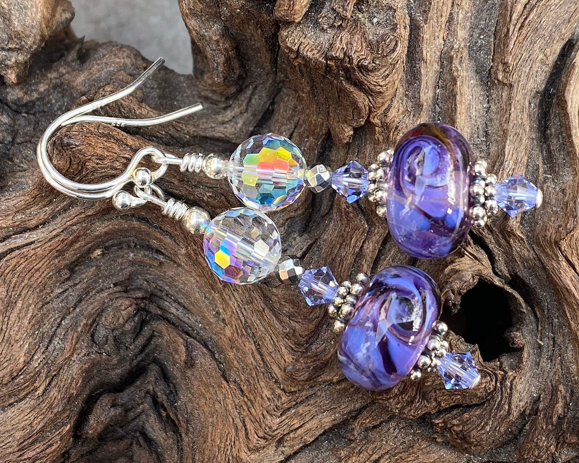 Handmade Purple Swirl Crystal Lampwork Earrings - Elegant Glass Bead Dangle Earrings for Women | Perfect for Parties, Weddings & Special Occasions