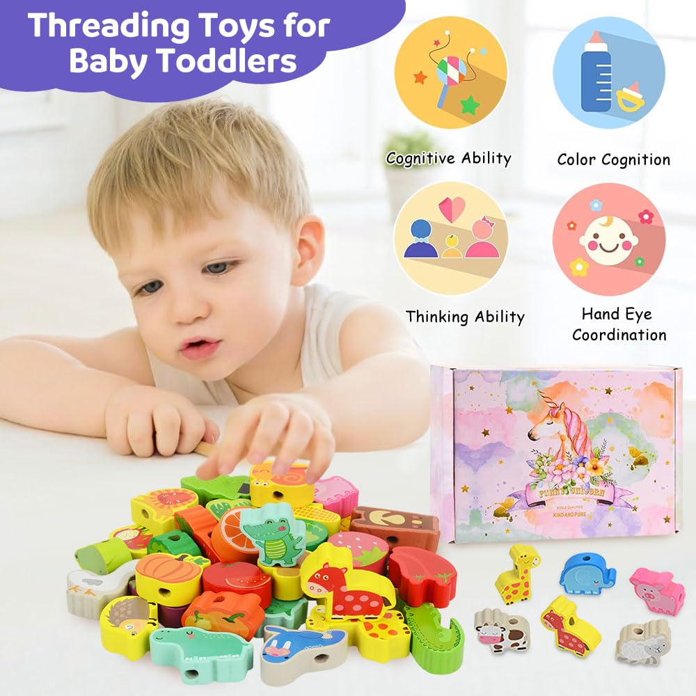 TOLOYE Wooden Montessori Threading Toys for Toddlers - Animals, Fruits & Vegetables Lacing Beads - Educational Learning Toys for 3-4 Year Old Boys & Girls - Perfect for Fine Motor Skills Development & Preschool Learning Activities