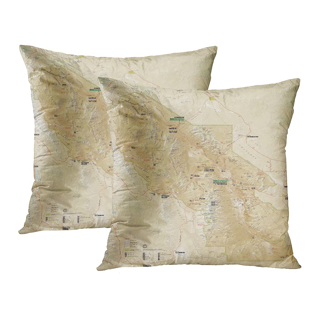 Set of 2 National Death Valley Map Throw Pillow Covers 18x18 Inch - California Desert Mojave Park Design Square Decorative Pillow Cases for Sofa, Couch & Bed - Perfect for Home Decor, Living Room & Outdoor Camping Theme