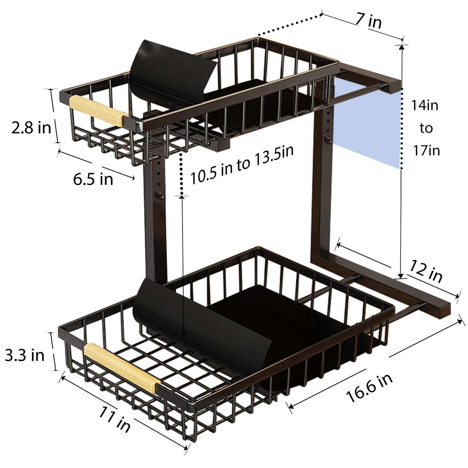 2 Pack Under Sink Organizer - 2 Tier Adjustable Metal Sliding Drawer for Kitchen, Bathroom & Pantry | Space Saving Cabinet Storage Solution | Perfect for Sponges, Cleaners & Toiletries Organization (Black)