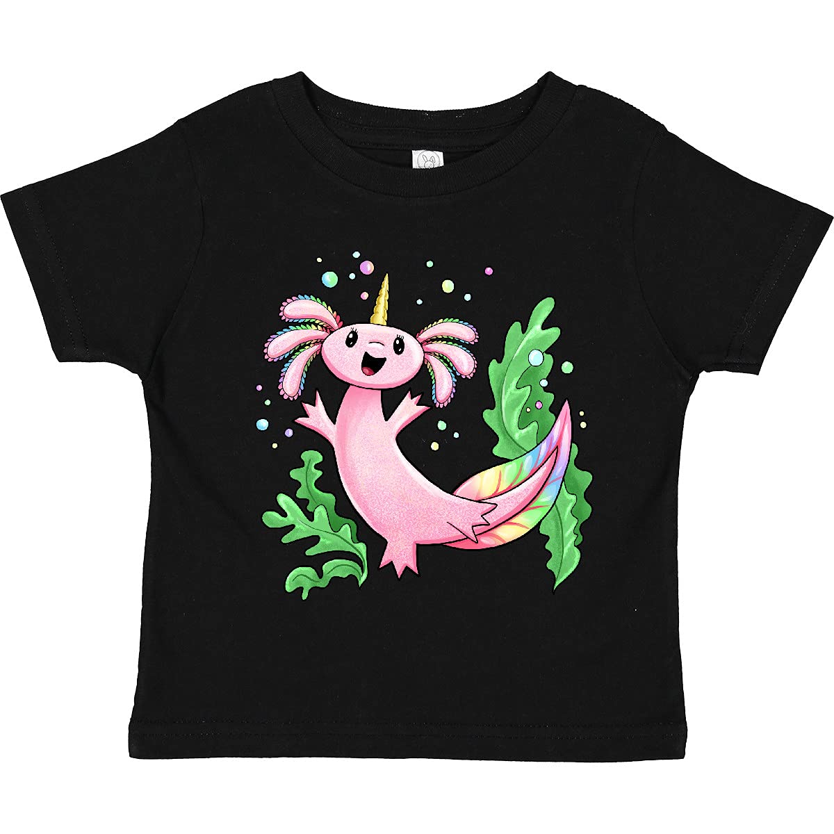 Inktastic Axolotl Unicorn with Rainbow Tail & Bubbles Toddler T-Shirt - Cute Kids Graphic Tee for Playdates, Birthday Parties & Everyday Fun