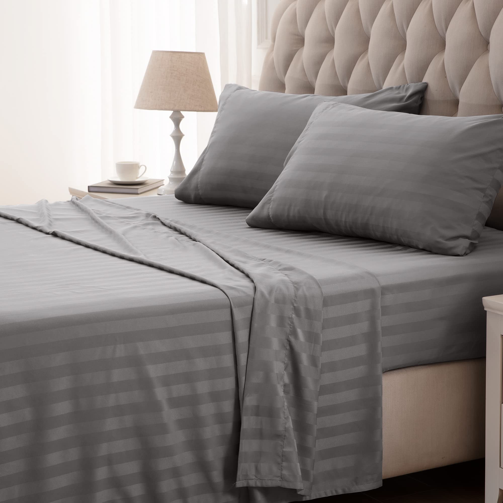 Cooling Queen Sheets Set 4-Piece - Super Soft Striped Bed Sheets with Deep Pockets | Fitted & Flat Sheet + Pillowcases | Easy Care, Breathable Gull Grey | Perfect for Hot Sleepers & Summer Nights