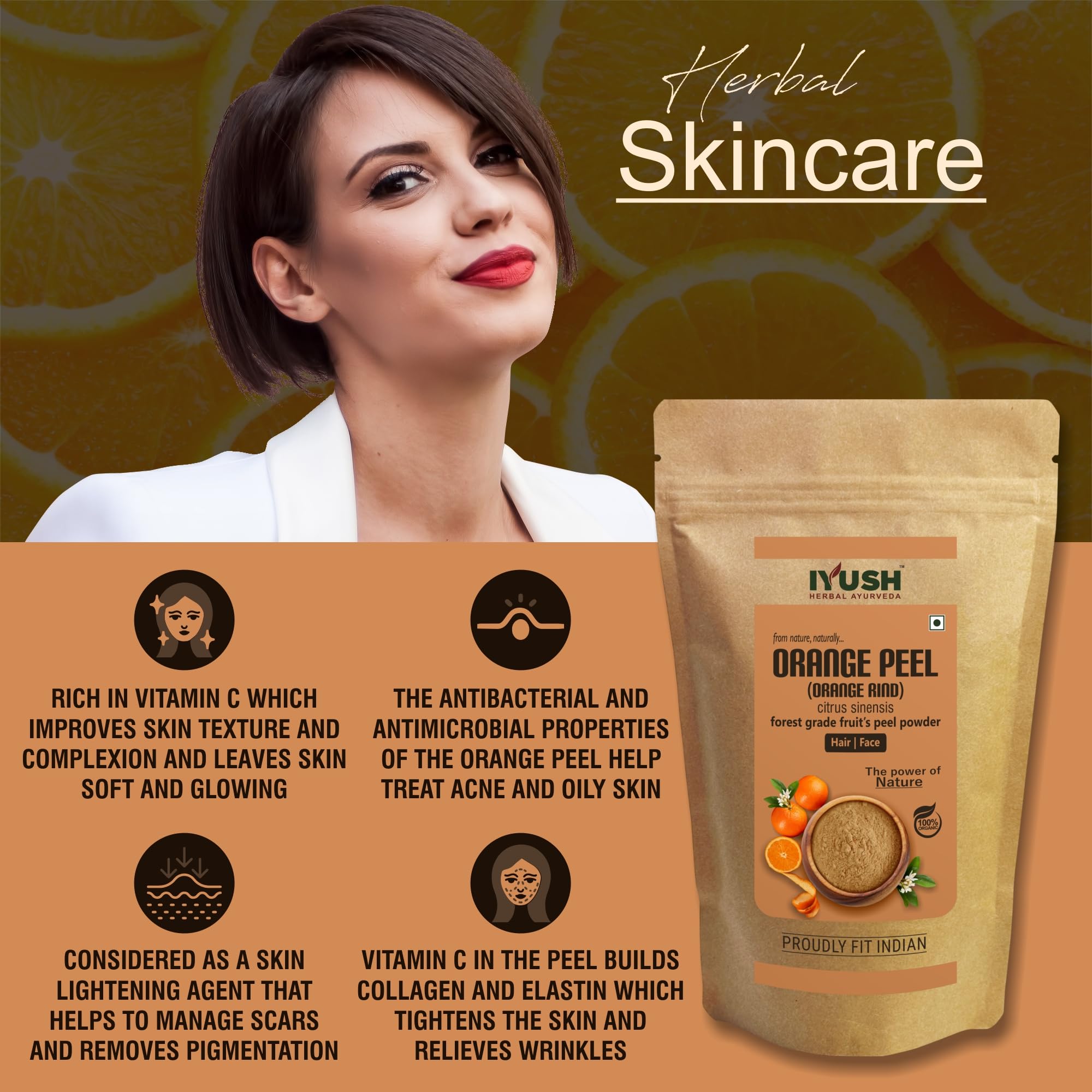 IYUSH Herbal Ayurveda Orange Peel Powder for Skin Whitening & Detan – 900gm | Natural Face Pack for Glowing Skin, Tan Removal & Brightening | DIY Beauty Treatment for Acne, Dark Spots & Uneven Tone