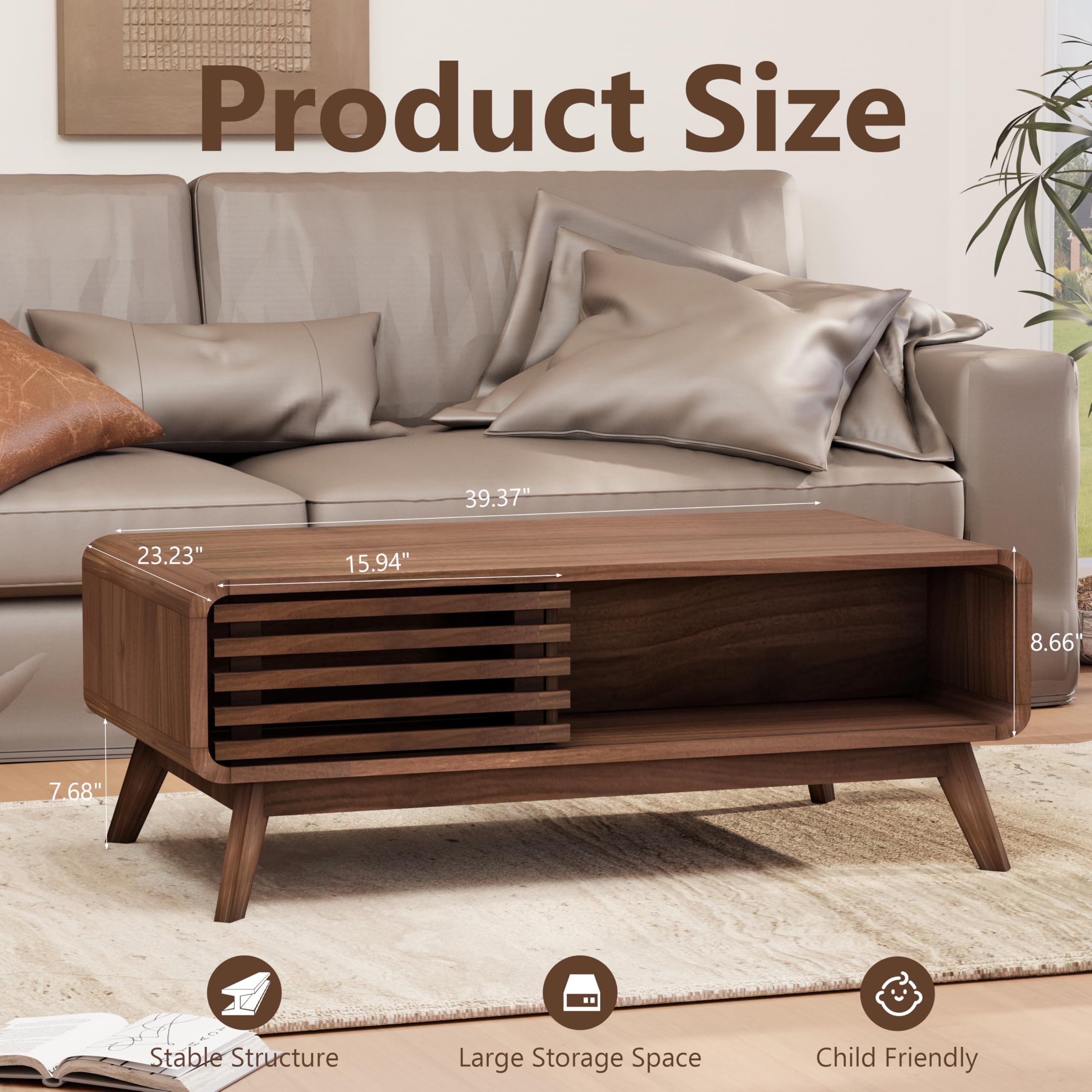 Mid Century Modern Coffee Table with Storage - Farmhouse Wooden Living Room Table with Sliding Fence Door in Walnut - Perfect for Small Spaces, Living Rooms & Cozy Home Decor