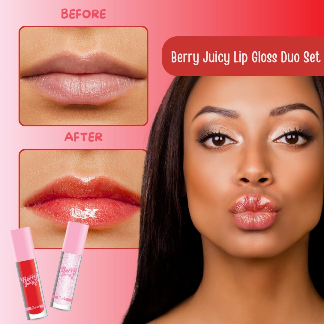 RUDE Cosmetics Berry Juicy Lip Gloss Set - High Shine Moisturizing Lipgloss for Day & Night Makeup