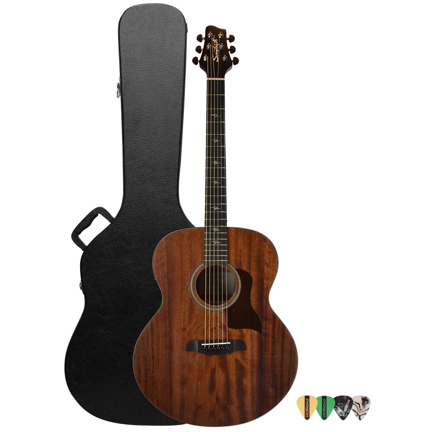 Premium Solid Mahogany Top Acoustic-Electric Jumbo Guitar - Sawtooth Mahogany Series with Hard Case & Pick Sampler | Perfect for Stage Performances, Studio Recording & Professional Musicians