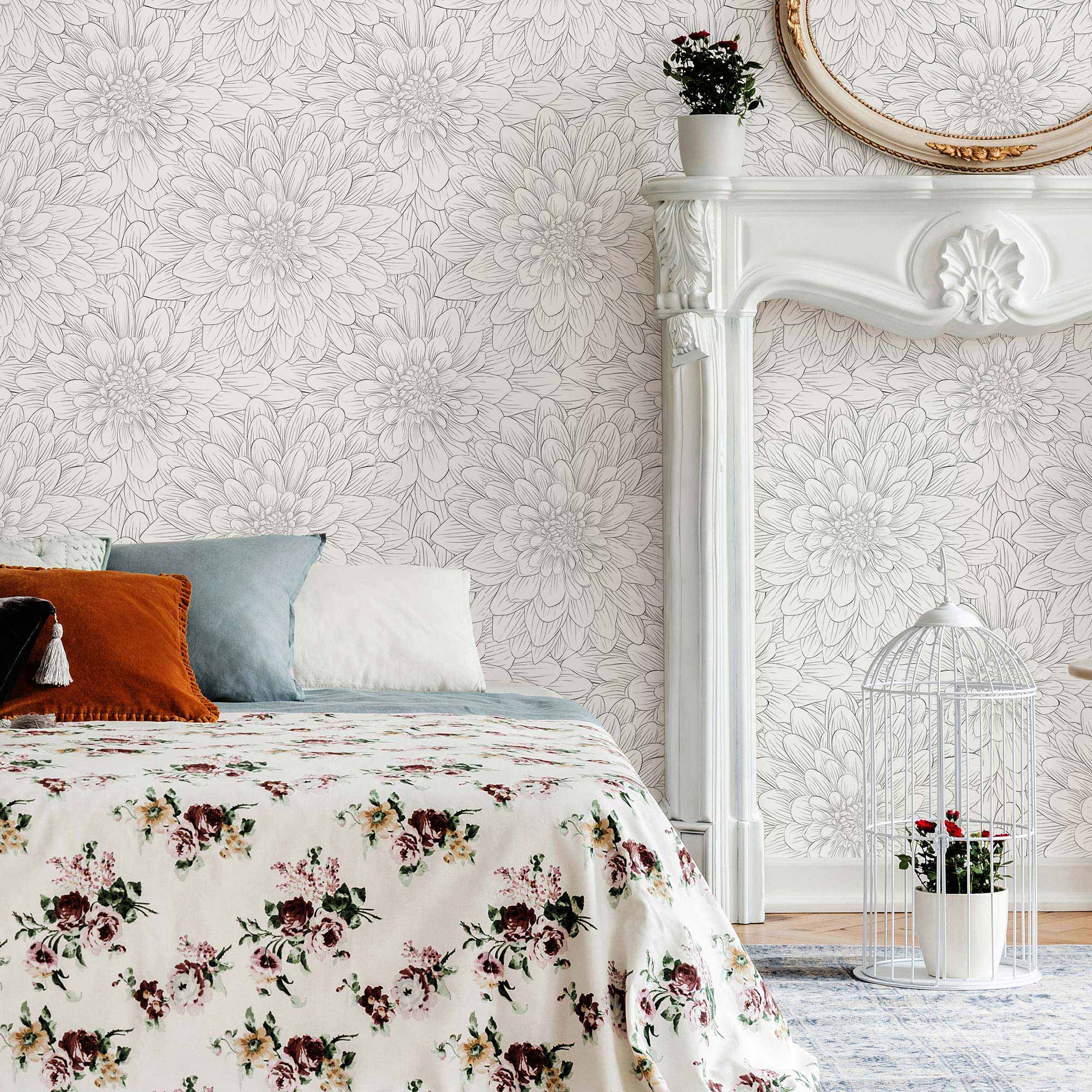 Black and White Floral Peel and Stick Removable Wallpaper - Self-Adhesive Decorative Wall Covering for Bedroom, Living Room, Office & Home Decor