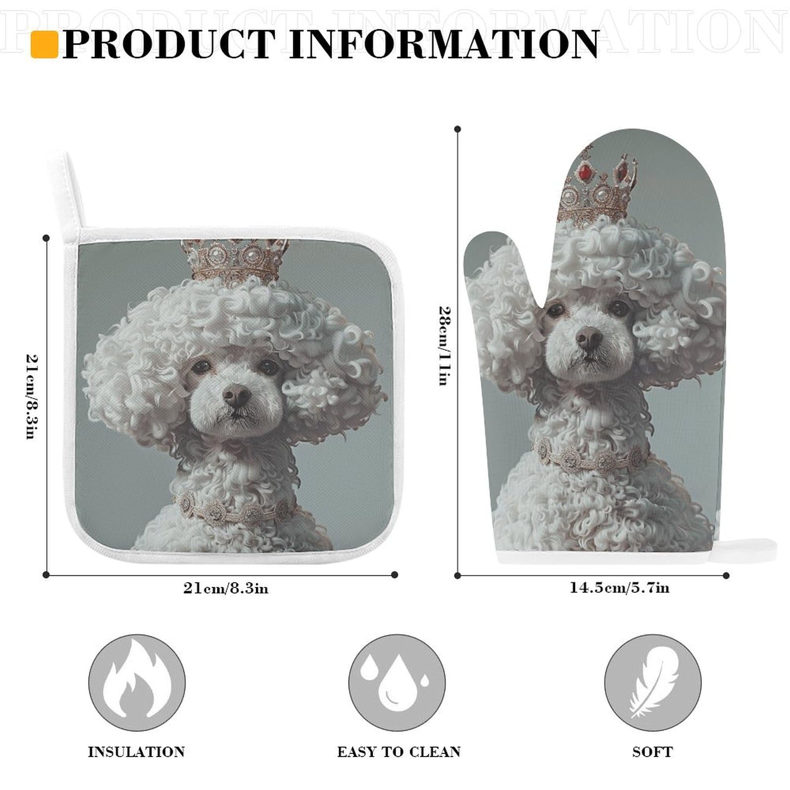 Heat Resistant Oven Mitts and Pot Holders Set of 2 - Non-Slip Kitchen Gloves for Cooking, Baking, Grilling & BBQ - Washable & Durable White Toy Poodle Design - Perfect for Home Kitchen, Outdoor BBQ & Holiday Baking