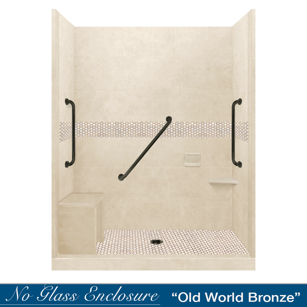 Freedom 60 Alcove Shower Kit - Desert Sand Sistine Stone & Honey Hex Mosaic Tile Backsplash (DIY Bathroom Remodel for Home, Apartment, or RV) - Perfect for Modern Bathroom Upgrades and Spa-Like Shower Experiences