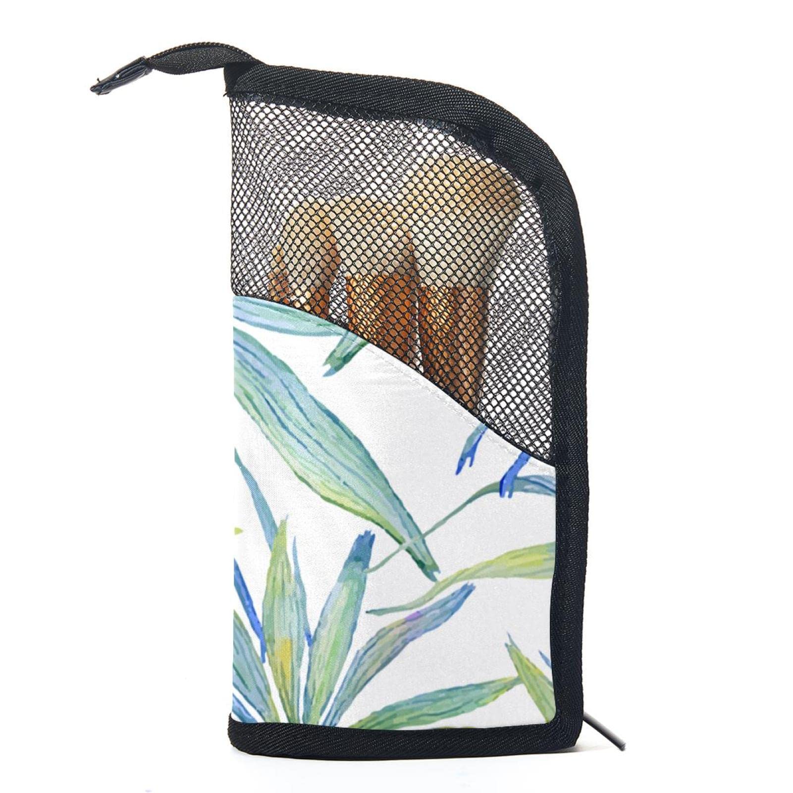 12-Piece Makeup Brush Organizer Bag with Watercolor Palm Leaves Design - Portable Travel Cosmetic Brush Holder Case for Home, Salon & On-The-Go Use