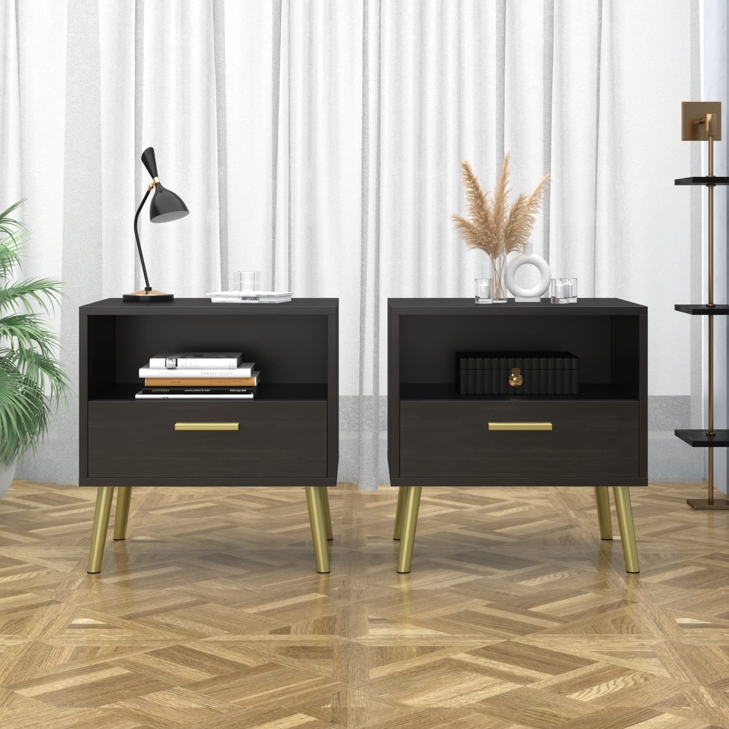 2-Piece Black Nightstand Set with Drawer & Open Shelf Storage - Modern Bedside Table for Bedroom, Living Room - Perfect for Small Spaces & Apartment Living