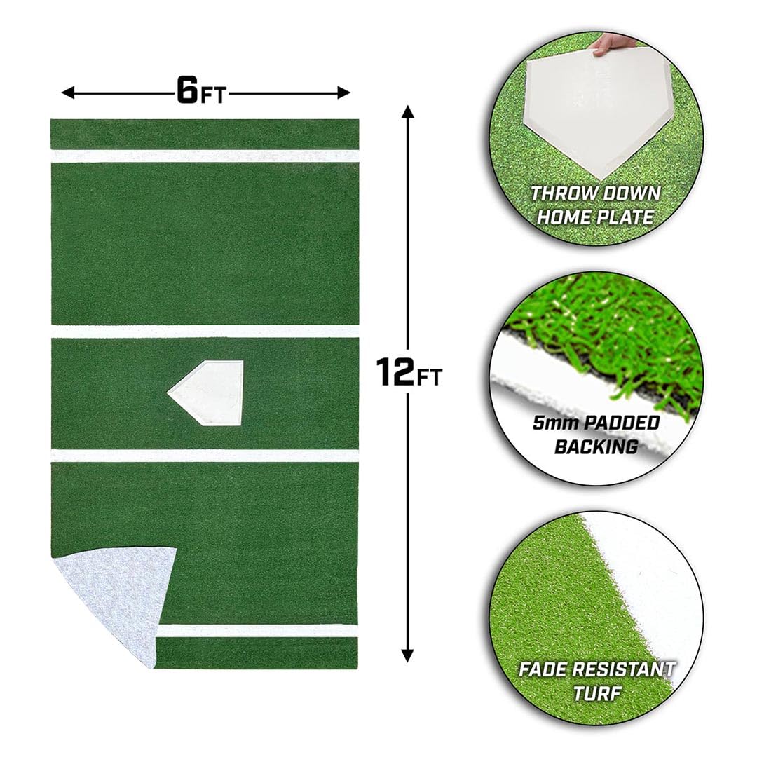 On Deck Sports 12' x 6' Baseball & Softball Batting Practice Mat with Throwdown Home Plate - Perfect for Backyard Training, Batting Cages & Field Practice