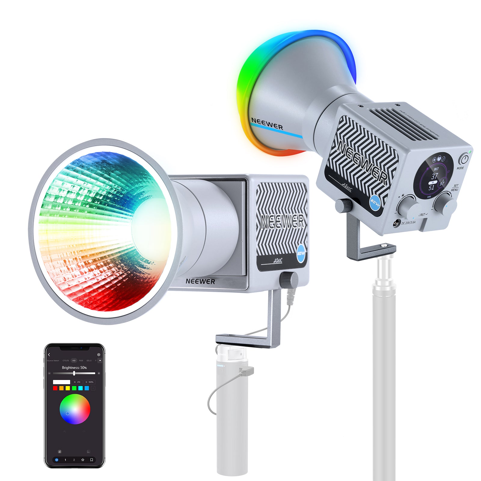 NEEWER HS60C 60W Portable RGB LED Video Light Panel with Adjustable Color Temperature - Perfect for YouTube, TikTok, Photography & Video Production