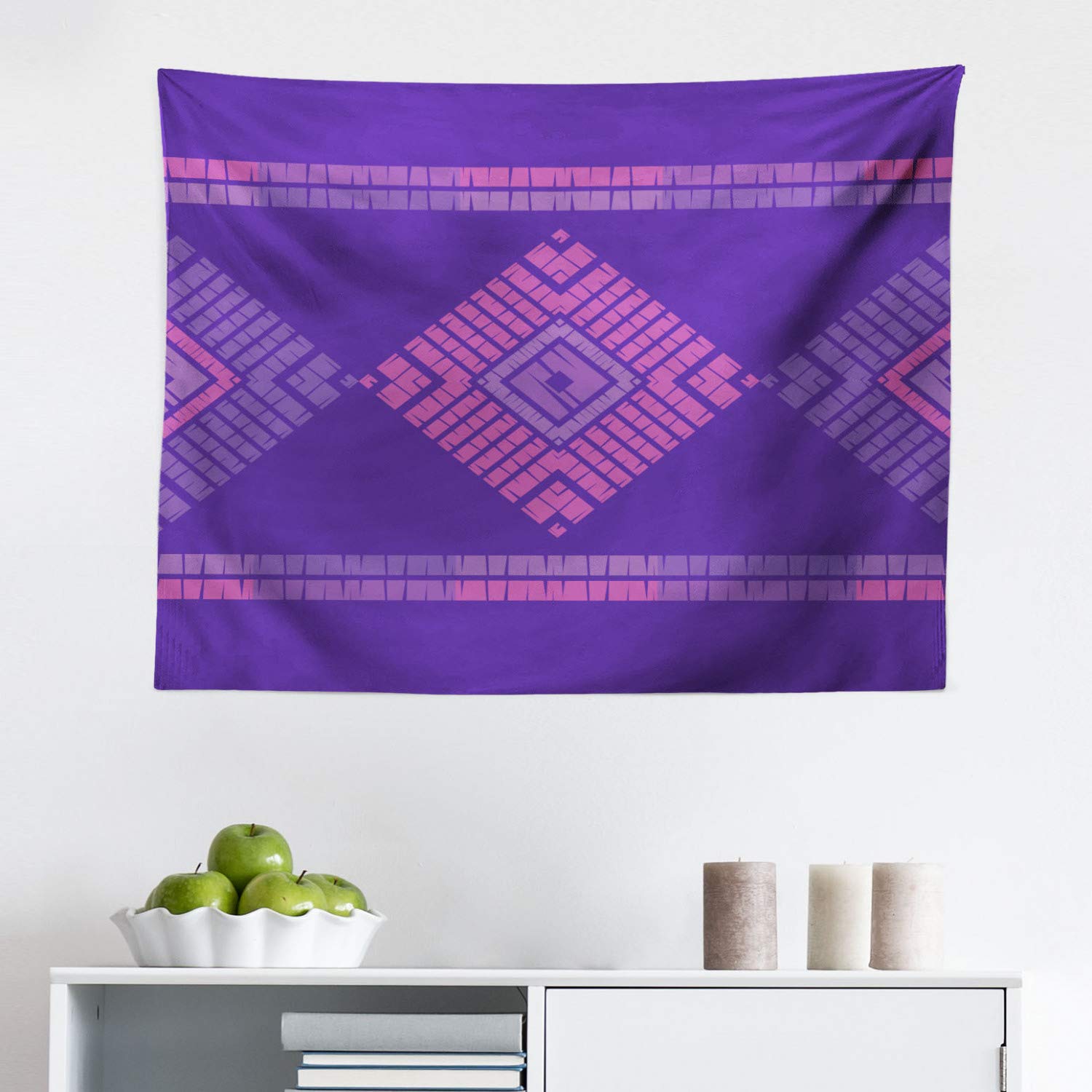 Ambesonne Abstract Mosaic Tapestry - Modern Square & Line Pattern Wall Art in Indigo & Pink | 28x23 Inch Fabric Wall Hanging for Bedroom, Living Room, Dorm Decor | Perfect for Boho Chic, Meditation Spaces & Photo Backdrops