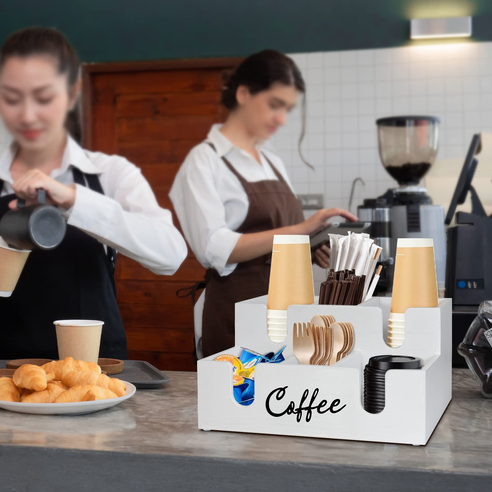 Wooden Coffee Station Organizer - 6 Compartment Countertop Lid Holder, Paper Cup Dispenser & Condiment Storage | Perfect for Kitchen, Office & Coffee Bar Organization
