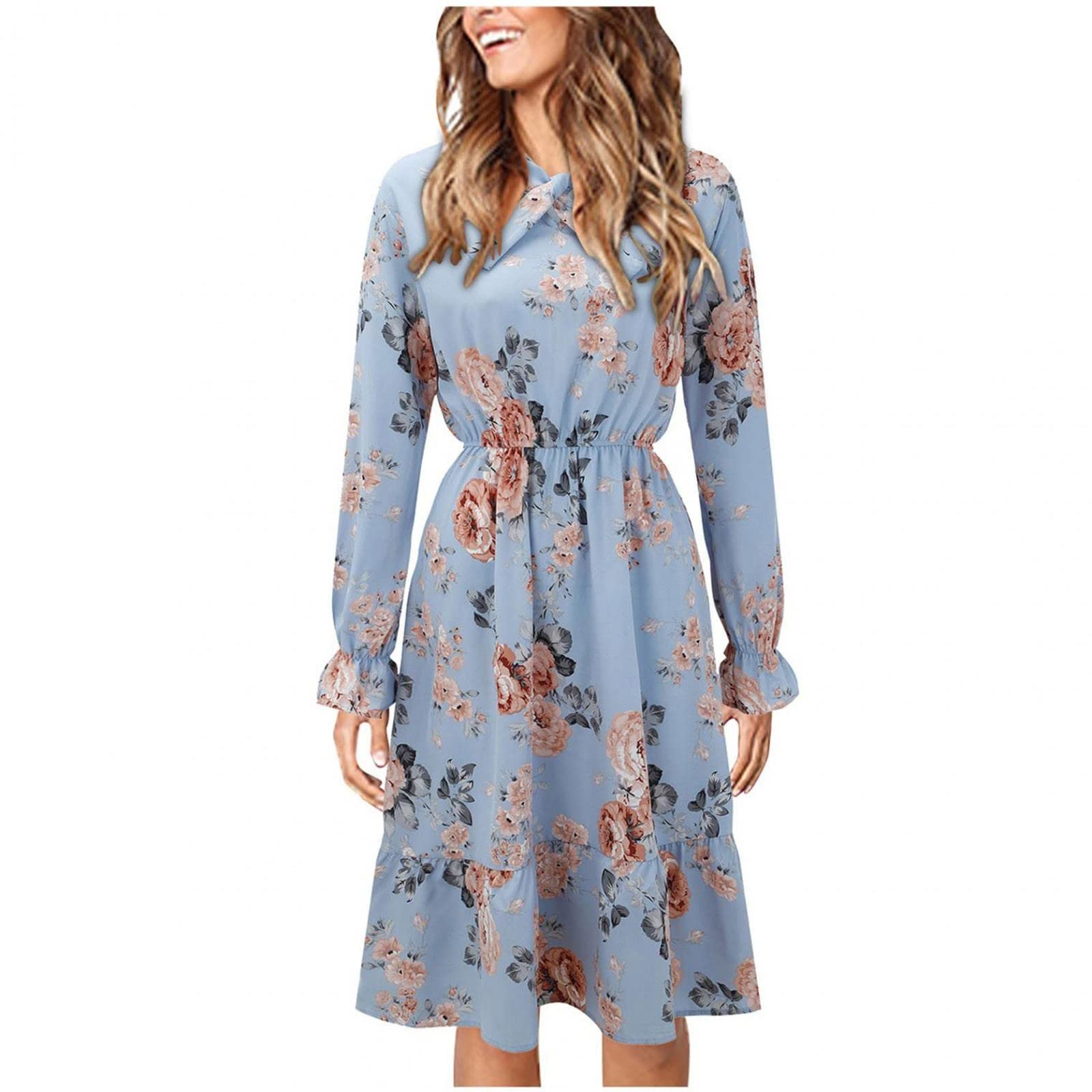 SCKARLE Women's Floral Print Long Sleeve Flared Cuff Ruffle Midi Dress - Summer Casual Flowy Dress for Beach, Party & Everyday Wear