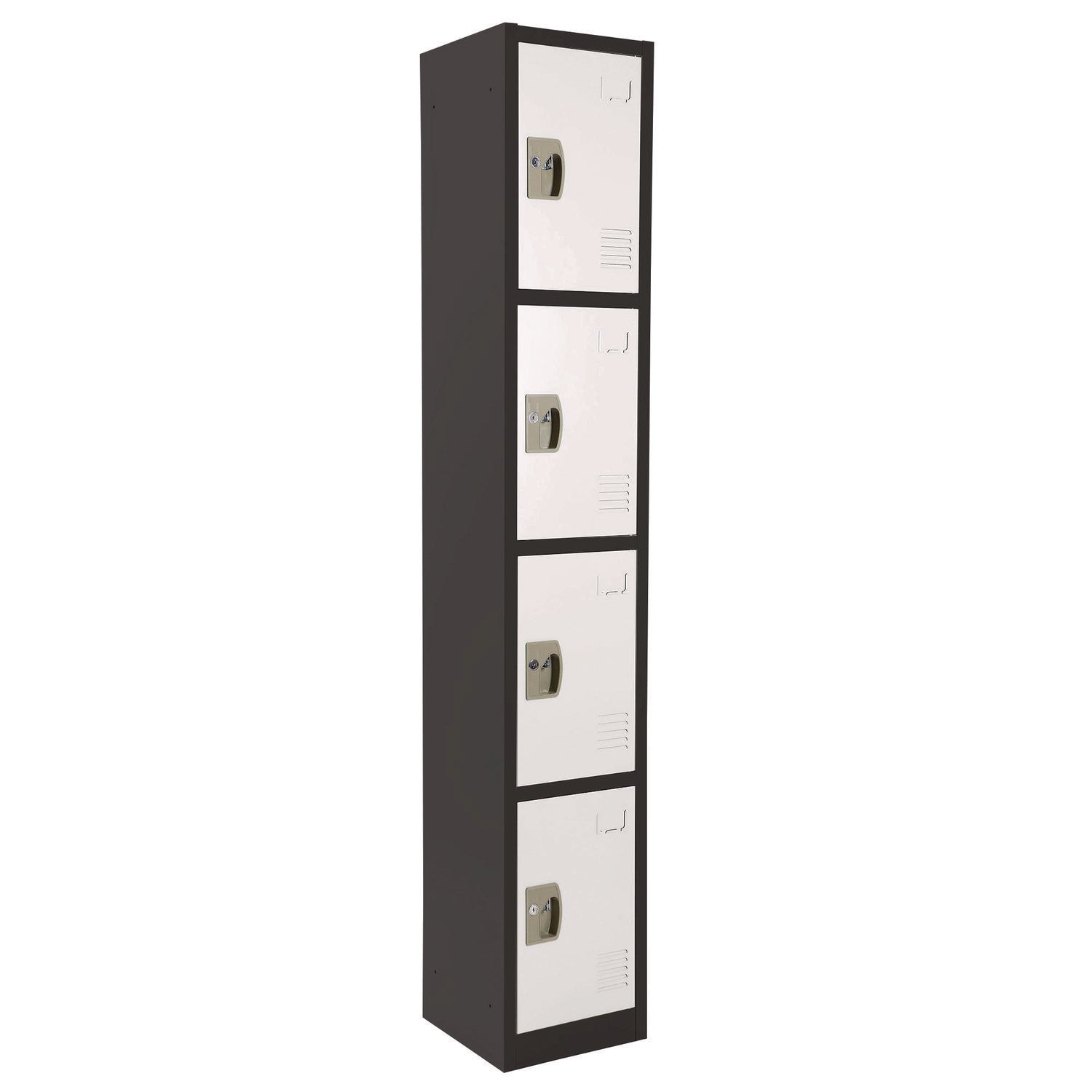 Steel Storage Locker with 4 Compartments - 12x12x72 Inches, Black Body & White Doors - Heavy Duty School, Gym, Warehouse & Office Organization Solution