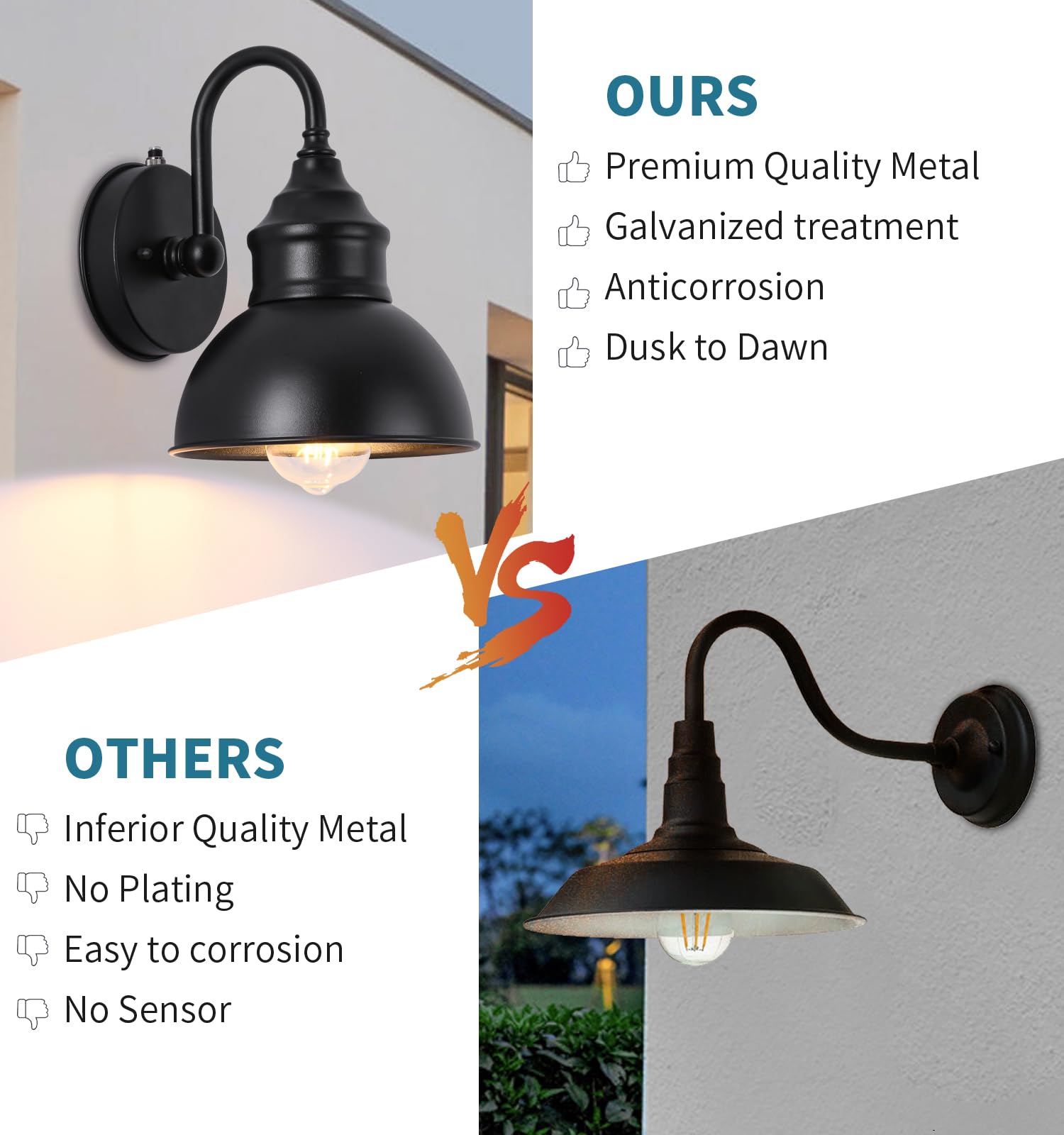 DENGNBJ Outdoor Barn Gooseneck Lights - Dusk to Dawn Sensor, Classic Black Farmhouse Style for Porch, Garden, Garage & Patio | Weatherproof Exterior Lighting for Home & Commercial Use