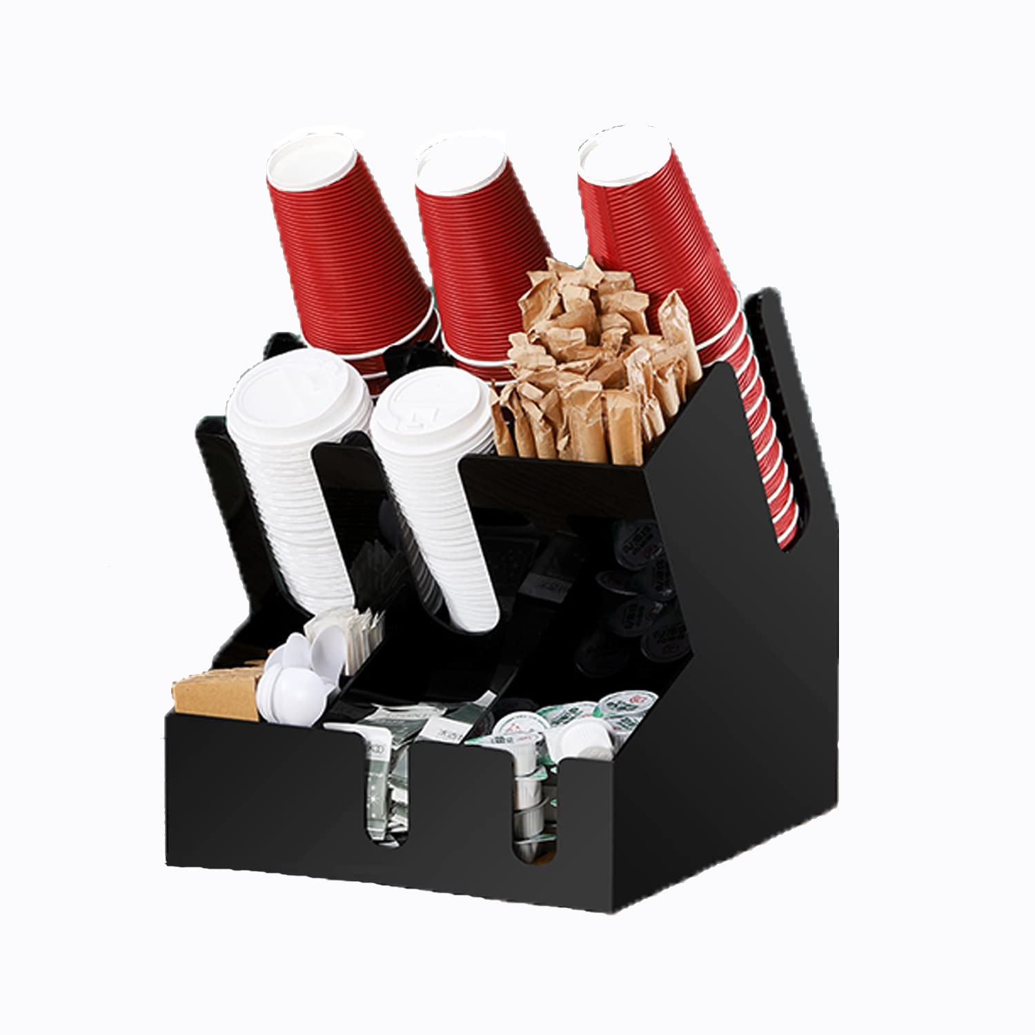 10-Compartment Commercial Coffee Condiment & Cup Organizer - Large Coffee Cup and Lid Holder for Breakroom, Coffee & Milk Tea Shop (Black) - Perfect for Organizing Coffee Stations & Drink Accessories