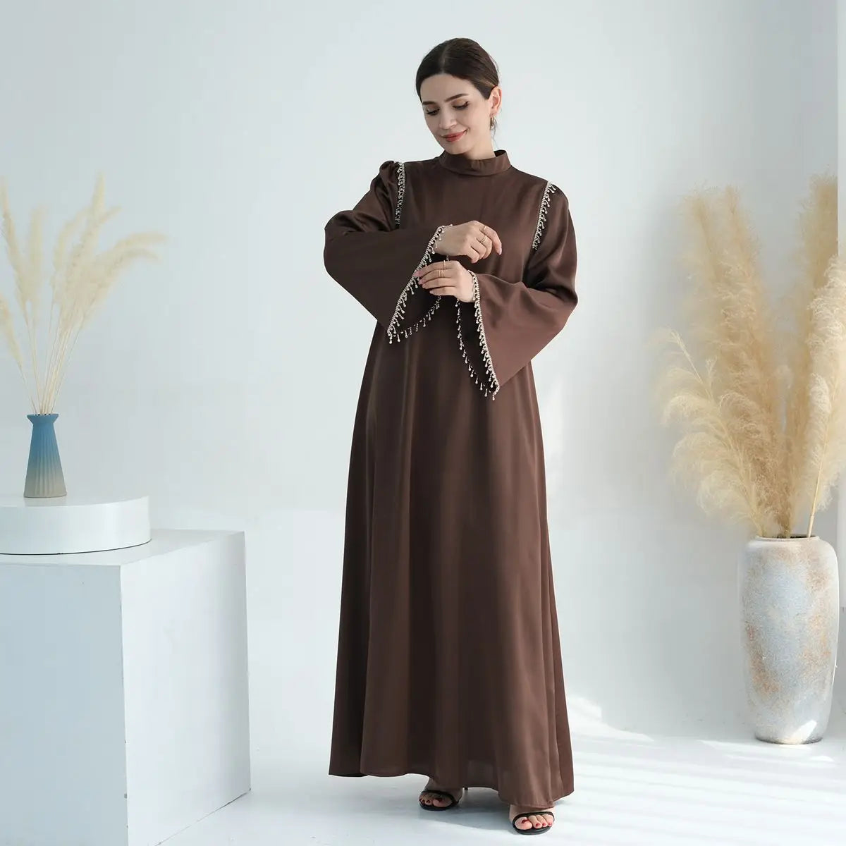 Elegant Muslim Women's Beaded Satin Abaya Dress for Prayer & Special Occasions - Modest Islamic Clothing for Women