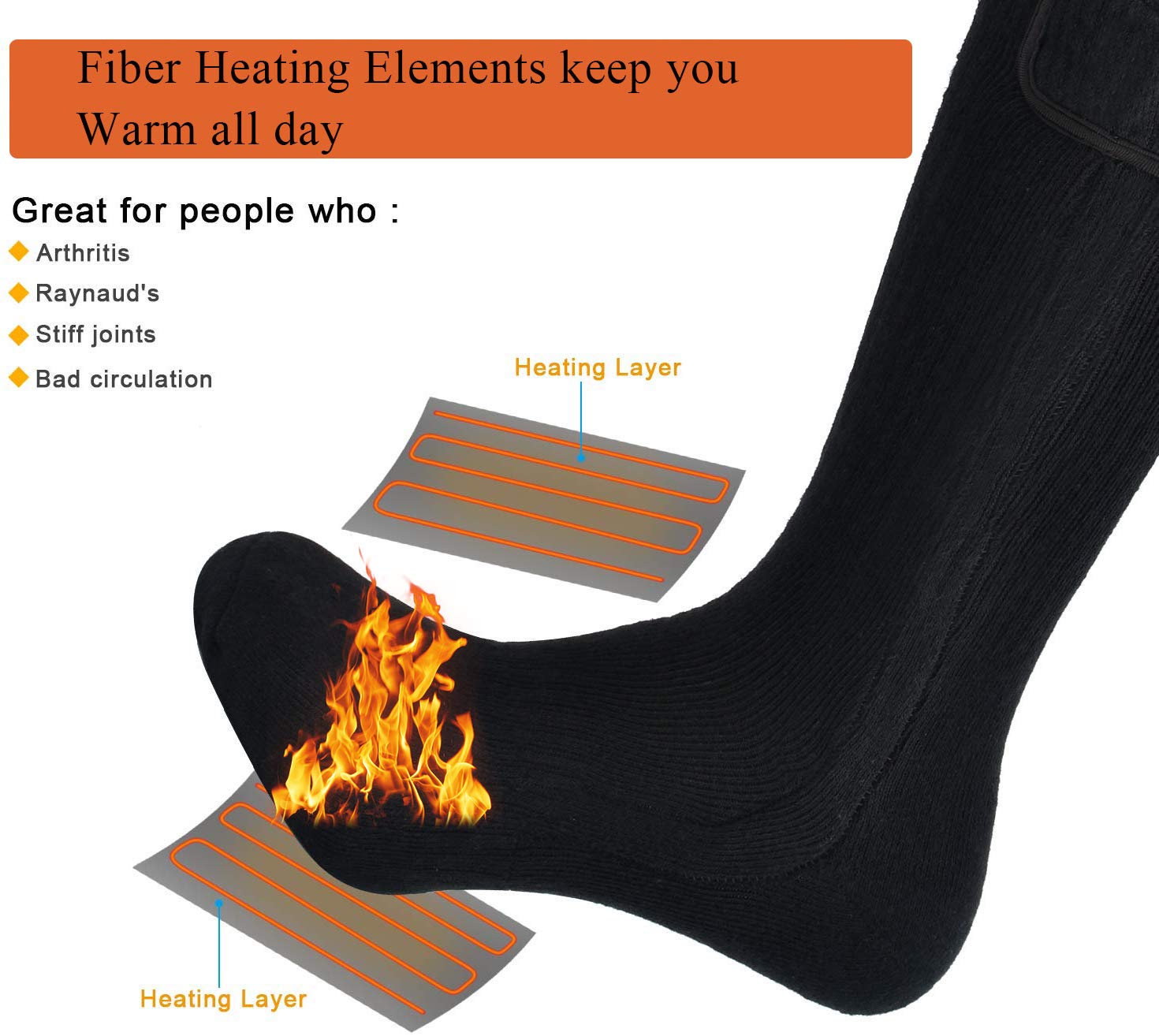 Electric Heated Socks for Men & Women - Battery Powered Thermal Winter Socks with Adjustable Heat - Perfect for Skiing, Hiking & Cold Weather Outdoor Activities (Black)