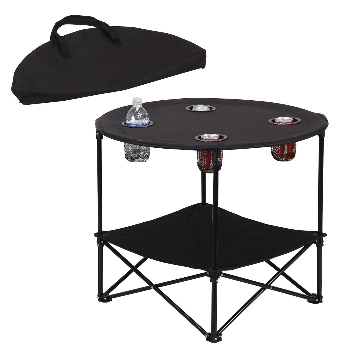Premium Folding Table with Metal Frame - Portable 3-Pack Polyester Camping Tables with 4 Cup Holders & Carry Case - Ideal for Outdoor Picnics, Tailgating, and Beach Parties (Black)
