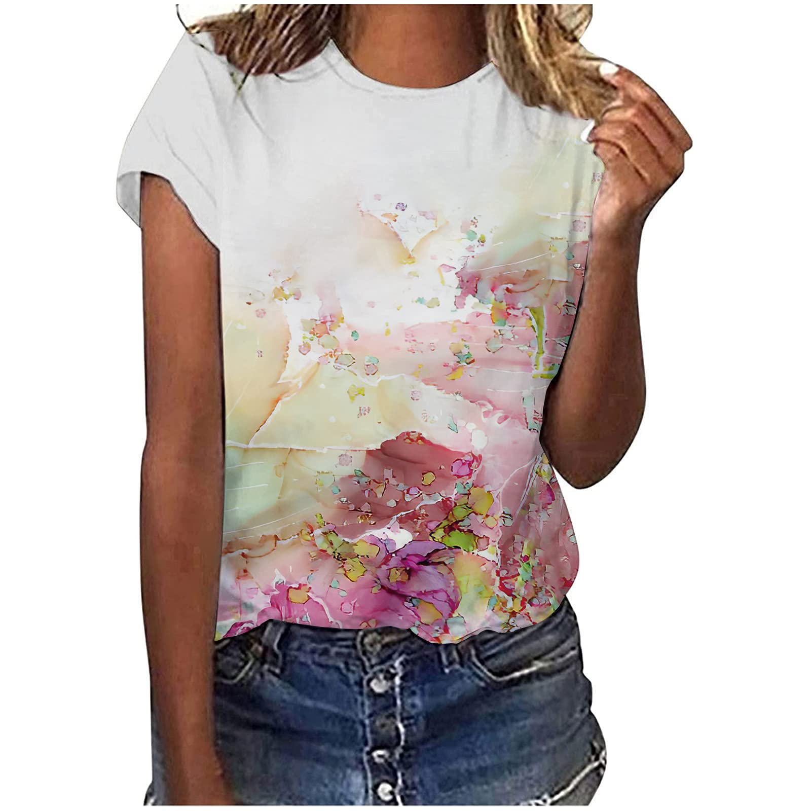 Women's Floral Print Short Sleeve Blouse - Loose Fit Summer Tops for Women - Casual & Activewear - Perfect for Beach Outings, Yoga, and Everyday Wear #1705