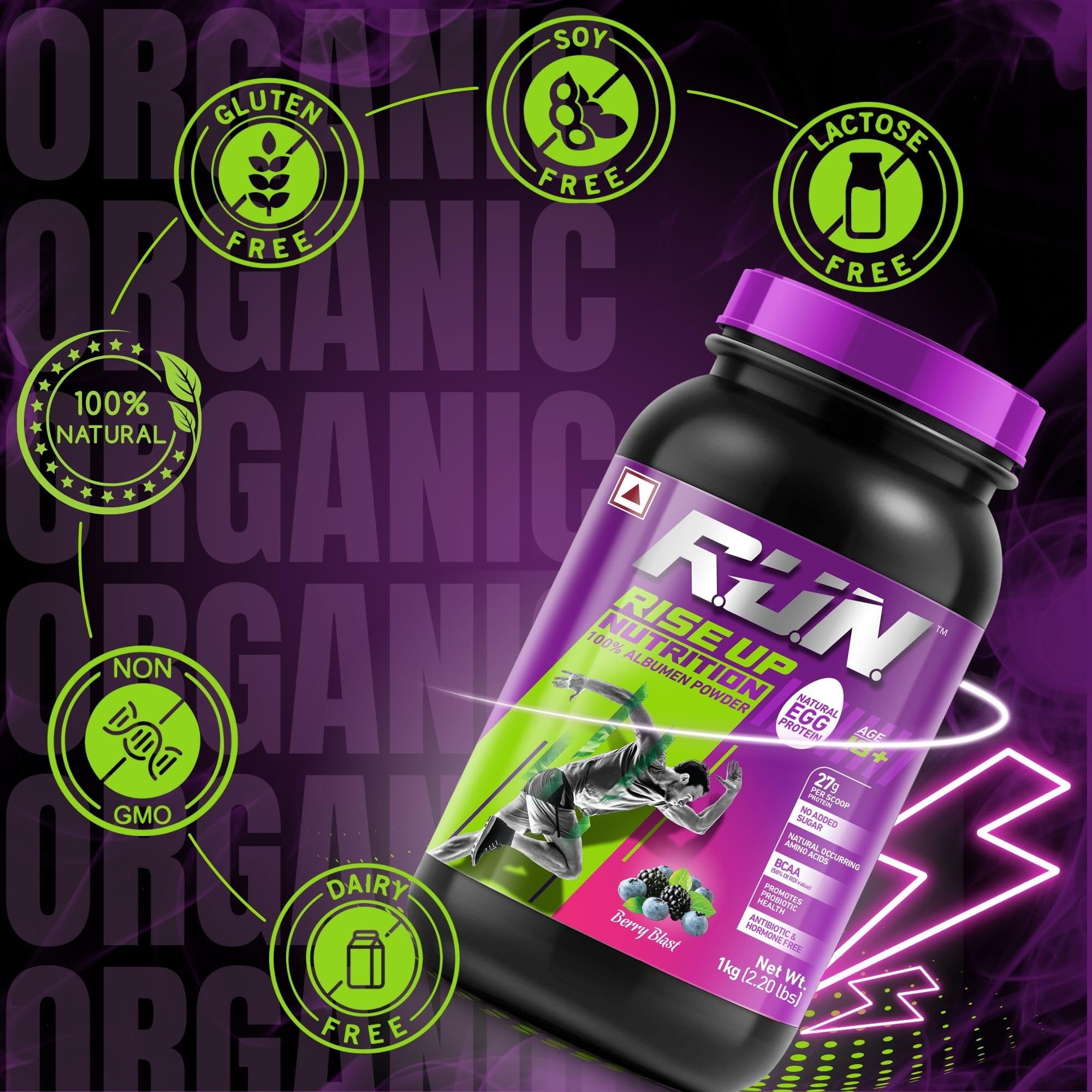 R.U.N-RISE UP NUTRITION Egg White Protein Powder - 27g Protein & 14g EAA per Serving | Lactose, Soy & Gluten Free | Supports Immunity & Muscle Recovery | Berry Blast Flavor - 1kg | Ideal for Athletes, Gym & Fitness Enthusiasts | Perfect for Post-Workout Shakes & Healthy Smoothies
