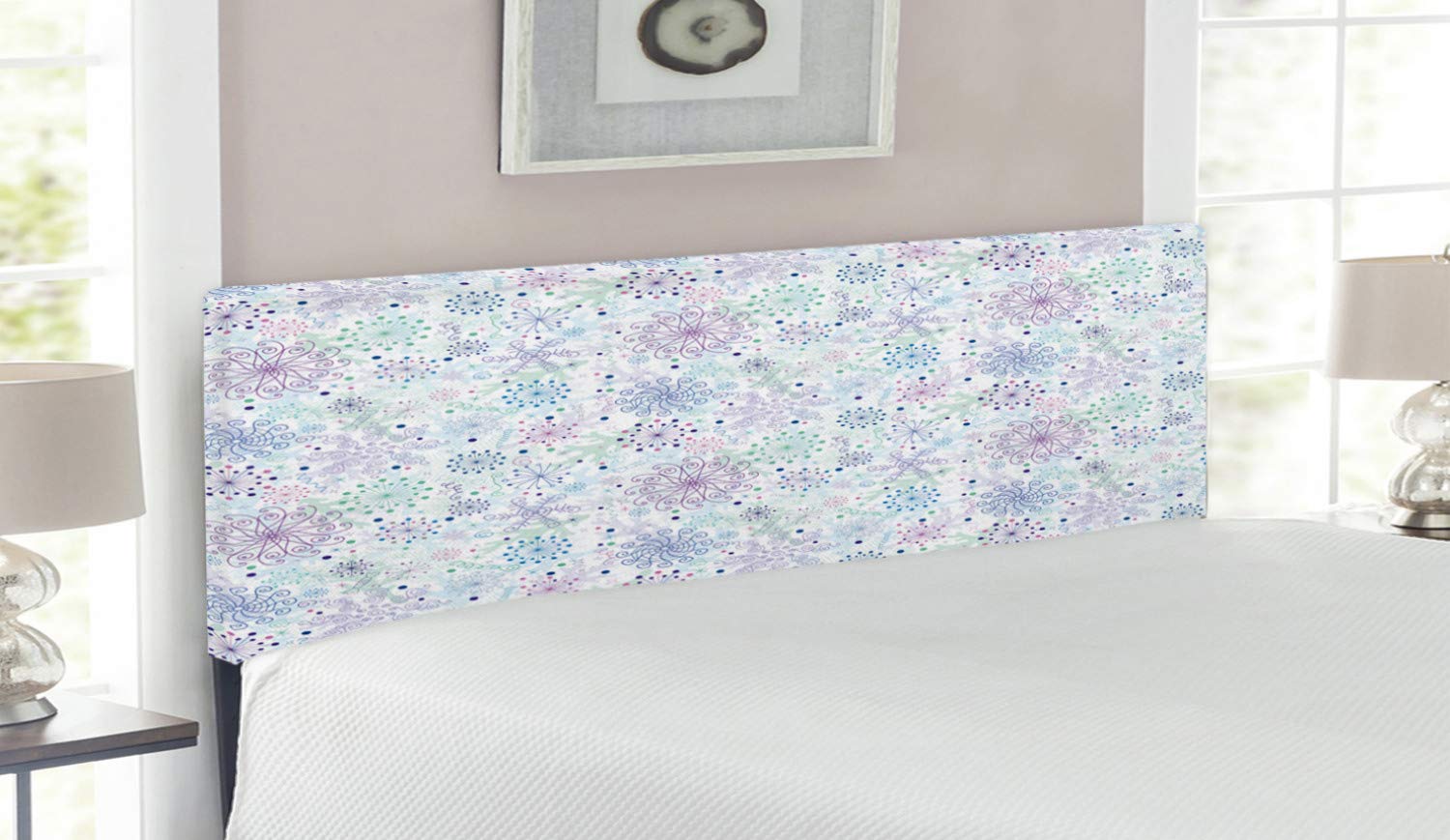 Ambesonne Winter Pastel Abstract Snowflakes Upholstered Headboard - Queen Size Blue Green Lavender Memory Foam Bed Headboard for Cozy Bedroom Decor | Perfect for Master Bedrooms, Guest Rooms & Winter-Themed Interiors